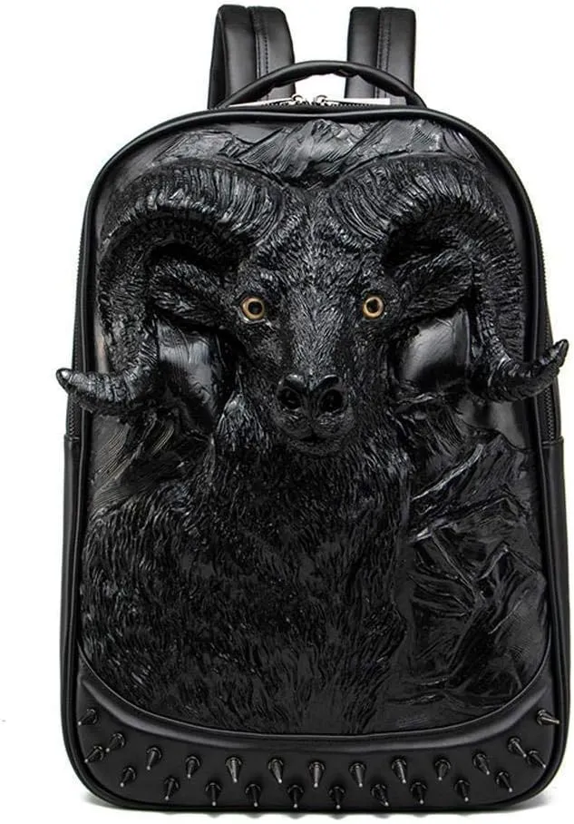 Halloween Studded Backpack 3D Goat Head Sculpture 3D Model Backpack Laptop Computer Handbags Travelling Rucksack Bag