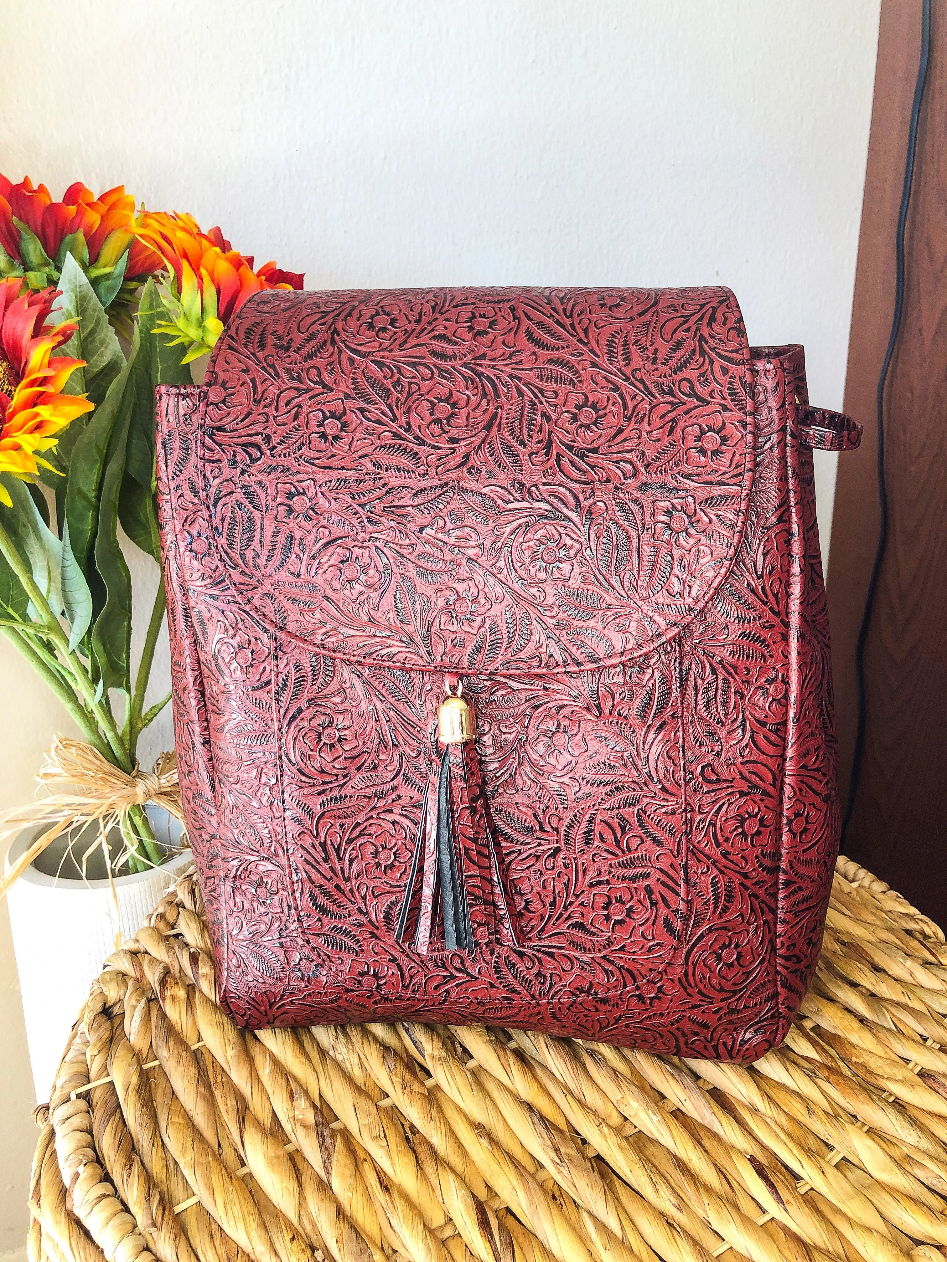 Hand-Tooled Burgundy Leather Backpack