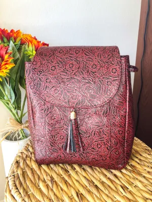 Hand-Tooled Burgundy Leather Backpack