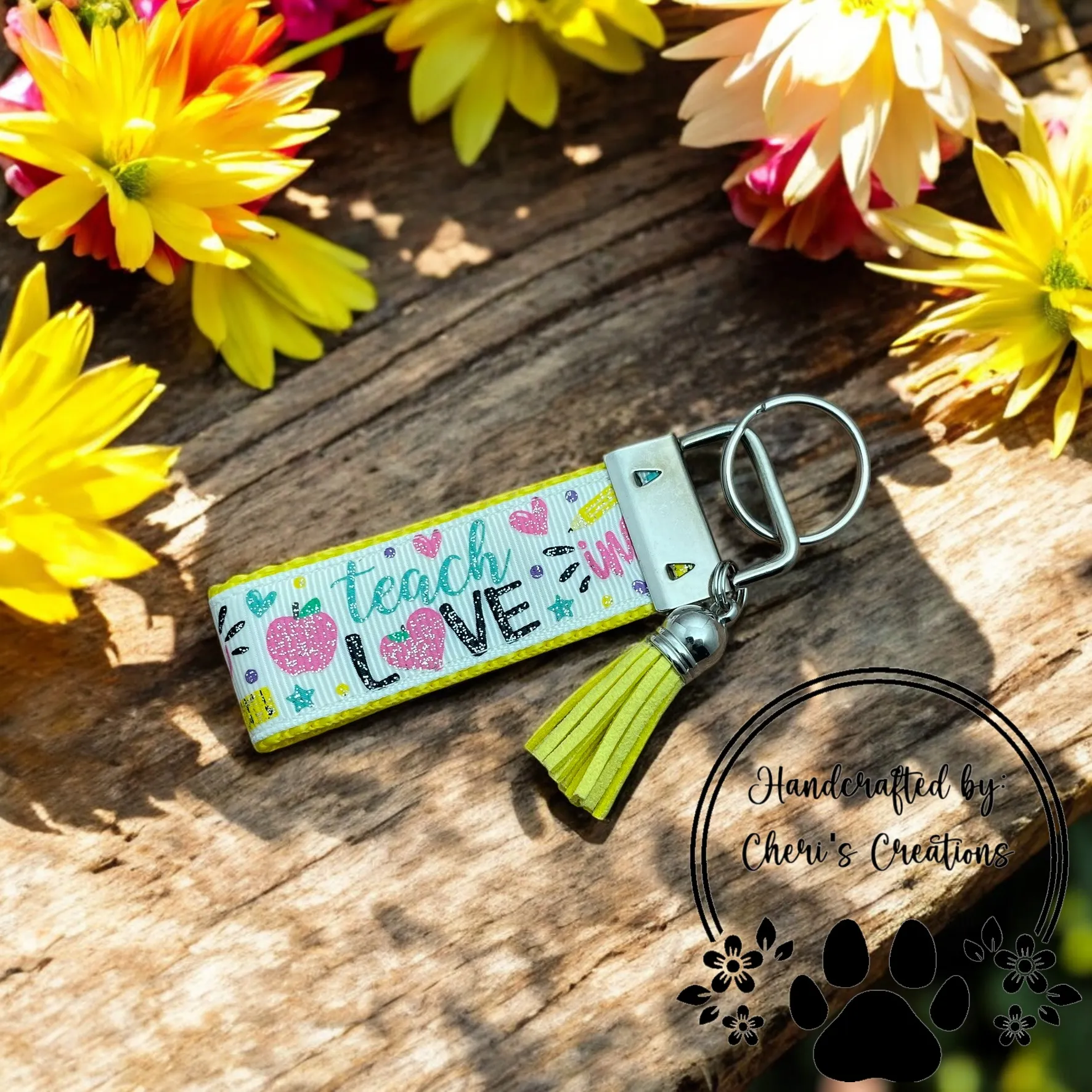 Handmade TEACH LOVE INSPIRE Ribbon Keychain – Teacher Keychain – Inspirational Teacher Gift – Grosgrain Ribbon Keychain – Motivational Keychain for Teachers