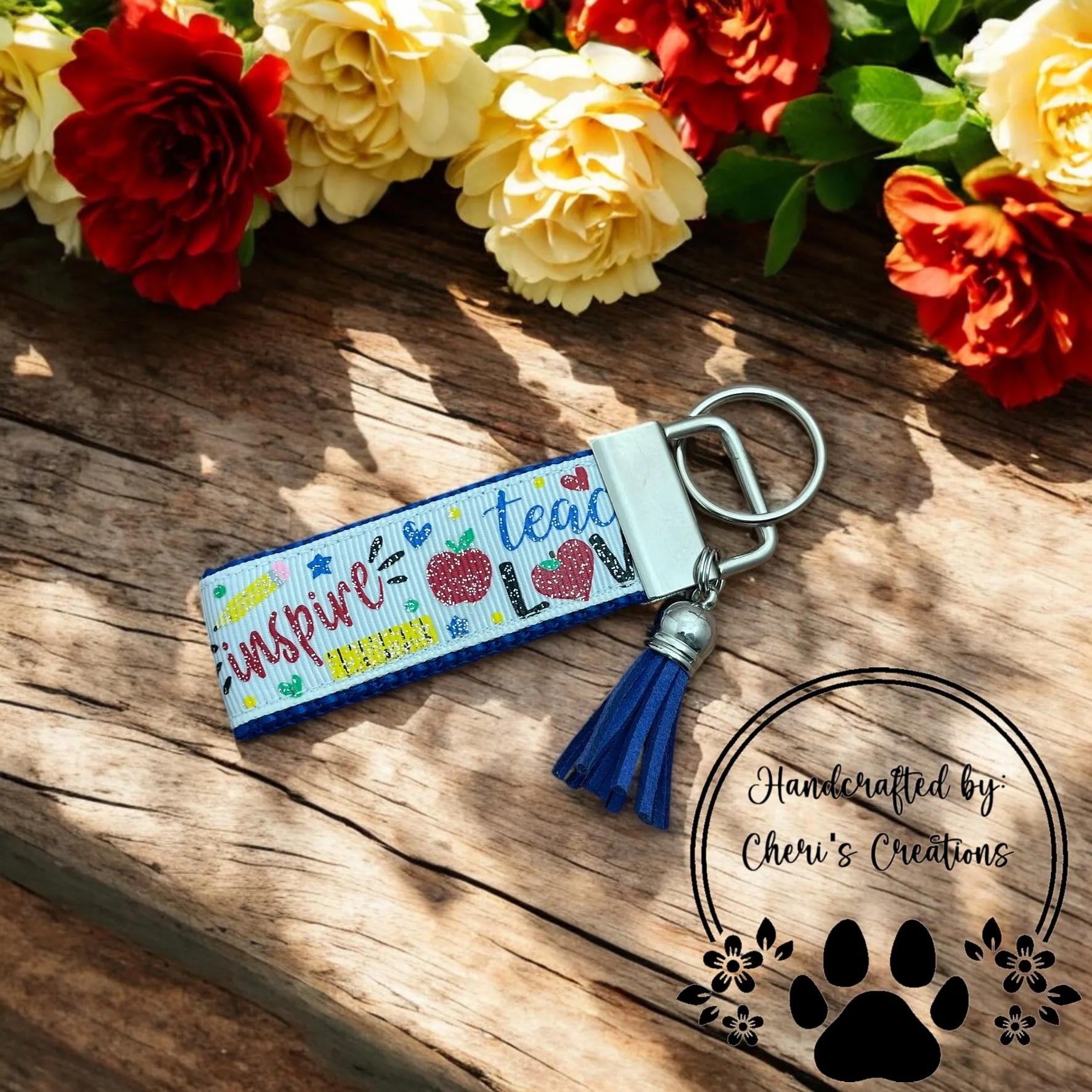 Handmade TEACH LOVE INSPIRE Ribbon Keychain – Teacher Keychain – Inspirational Teacher Gift – Grosgrain Ribbon Keychain – Motivational Keychain for Teachers