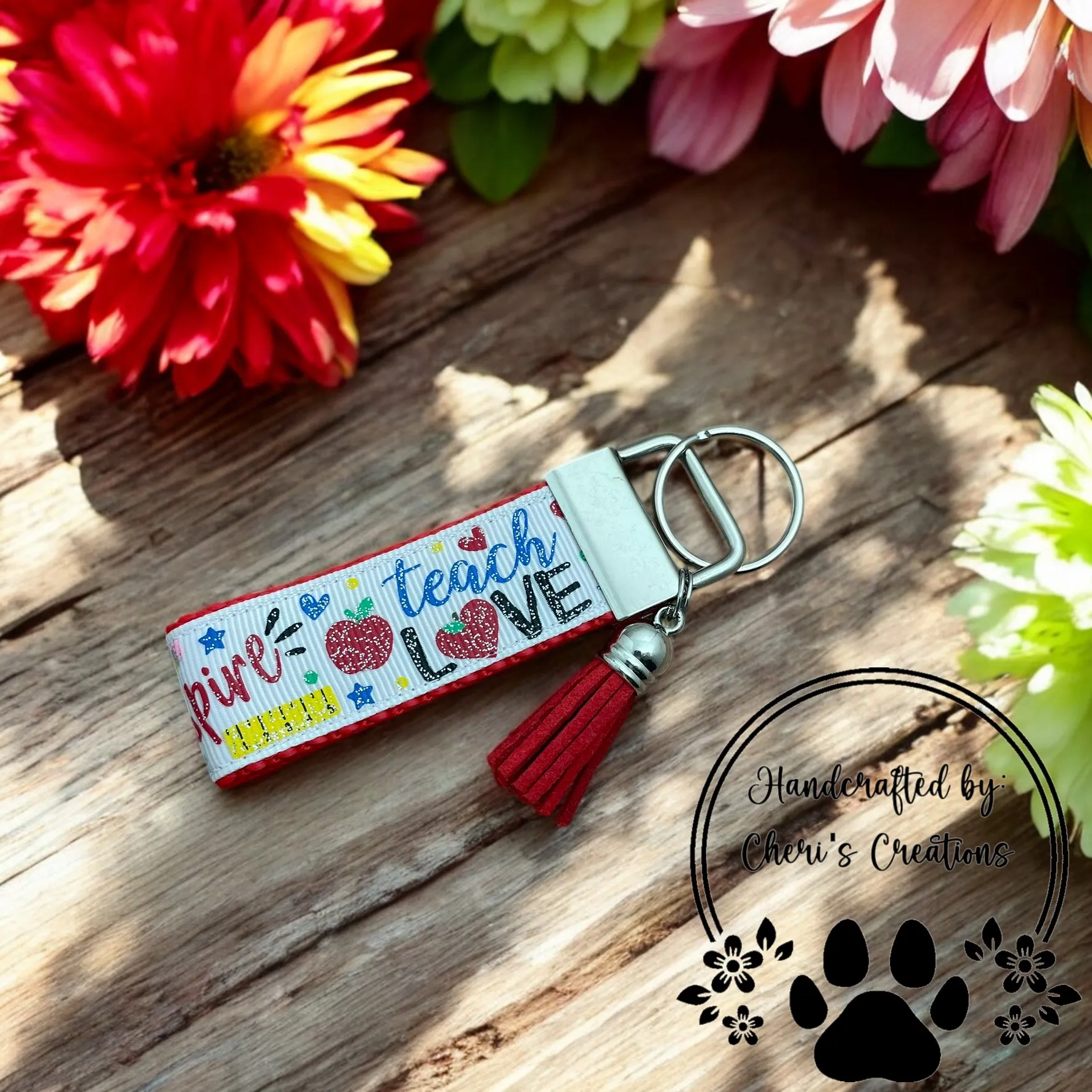 Handmade TEACH LOVE INSPIRE Ribbon Keychain – Teacher Keychain – Inspirational Teacher Gift – Grosgrain Ribbon Keychain – Motivational Keychain for Teachers