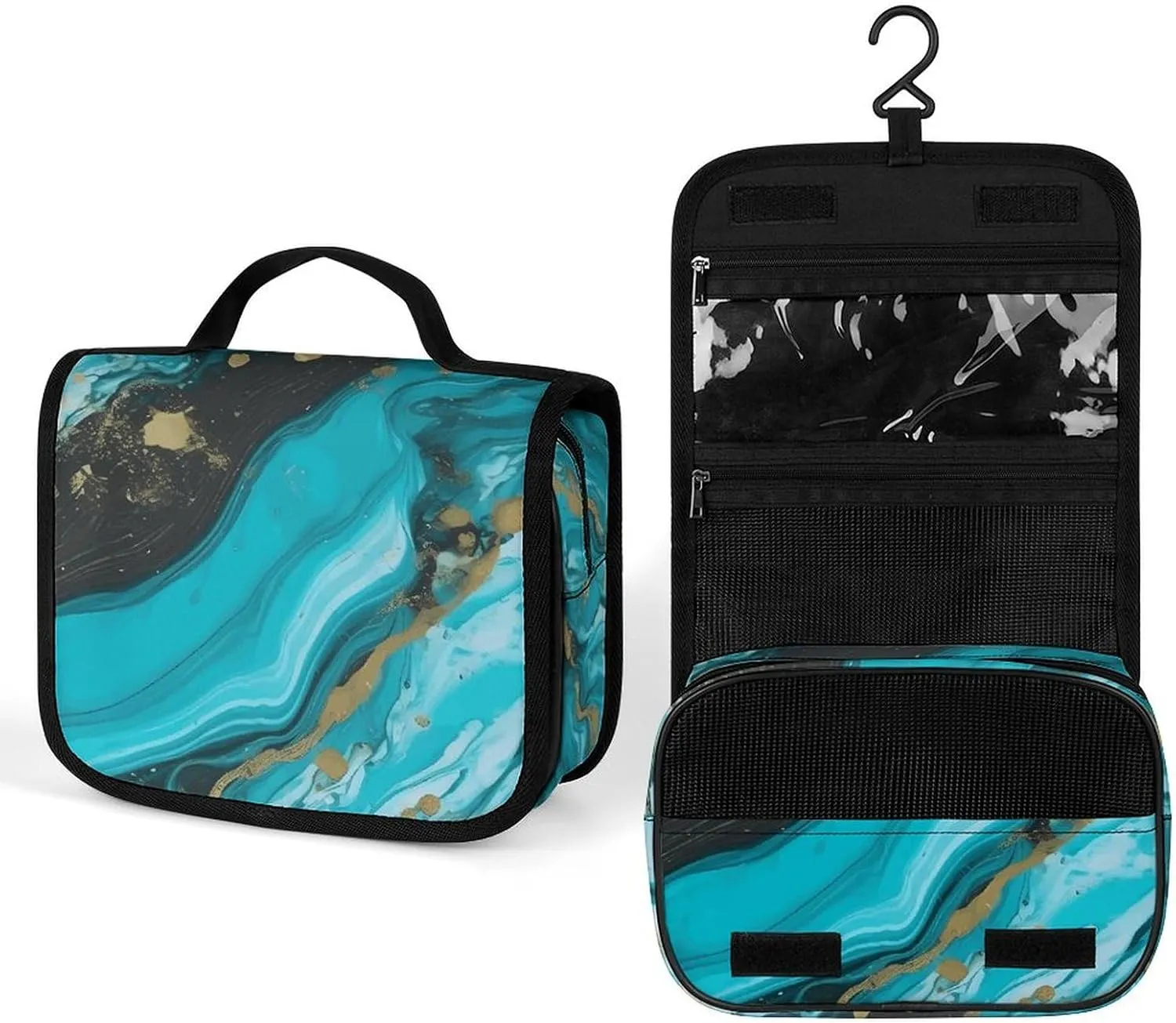 Hanging Turquoise Blue Gold Marble Printed Toiletry Bag Travel Toiletry Bag Foldable Large-capacity Design Suitable for Travel, Fitness, Camping, Home Use, Etc.