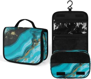 Hanging Turquoise Blue Gold Marble Printed Toiletry Bag Travel Toiletry Bag Foldable Large-capacity Design Suitable for Travel, Fitness, Camping, Home Use, Etc.