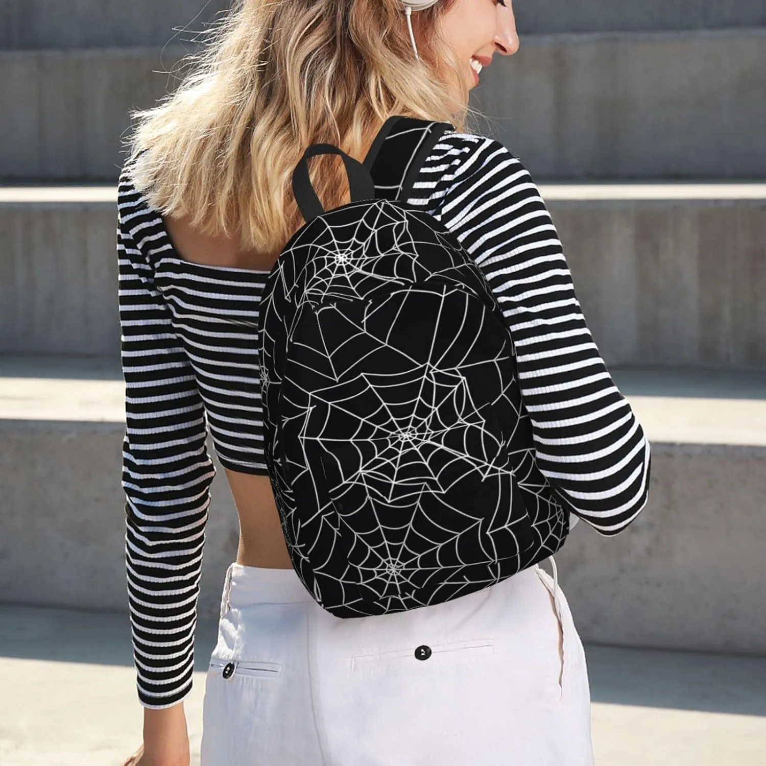 Happy Halloween Bats Witchs Spider Web Pumpkin Skull Bone Canvas Backpacks Laptop Backpack Multipurpose Double Shoulder Bag for Men Women Gifts Medium