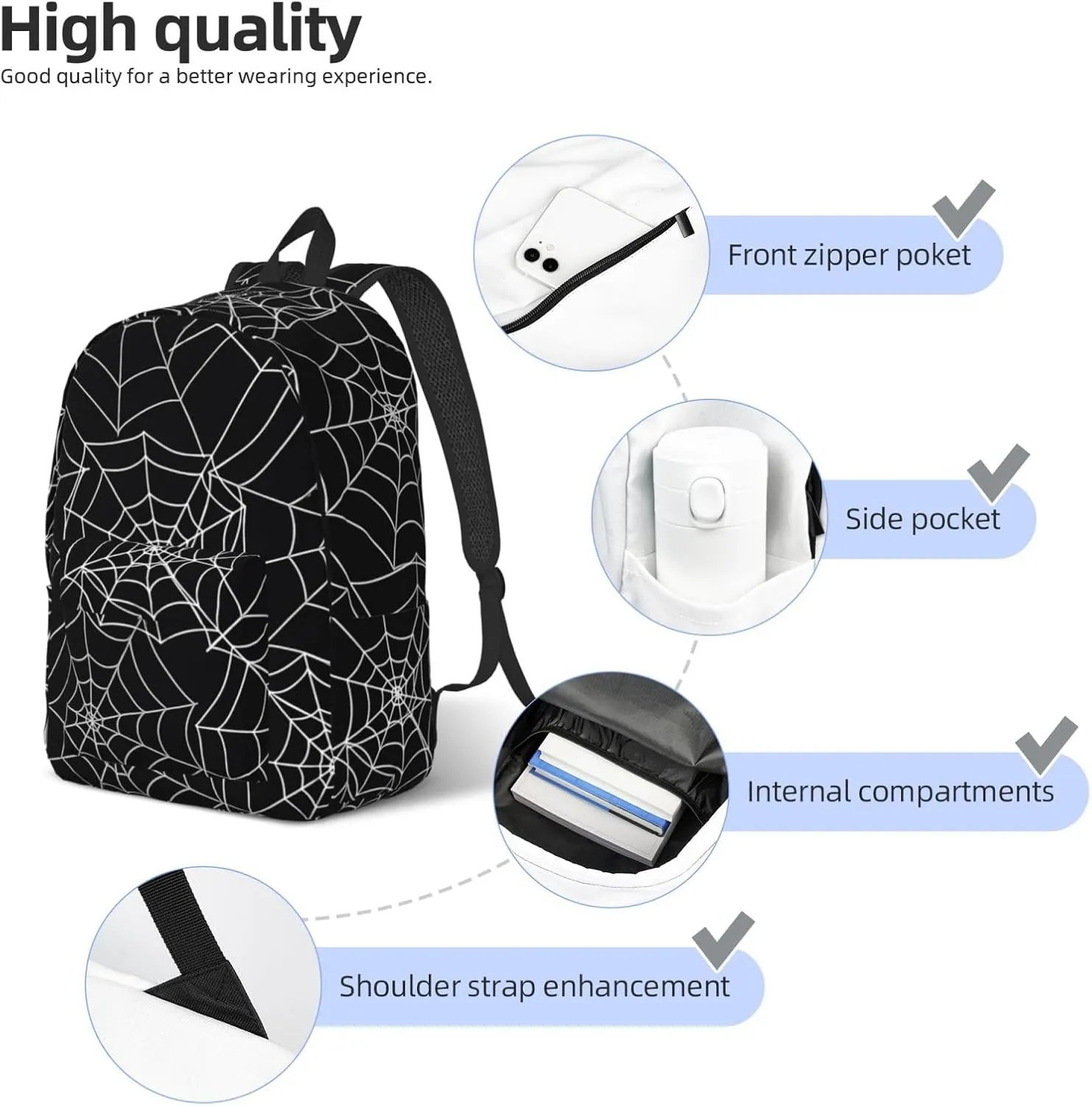 Happy Halloween Bats Witchs Spider Web Pumpkin Skull Bone Canvas Backpacks Laptop Backpack Multipurpose Double Shoulder Bag for Men Women Gifts Medium