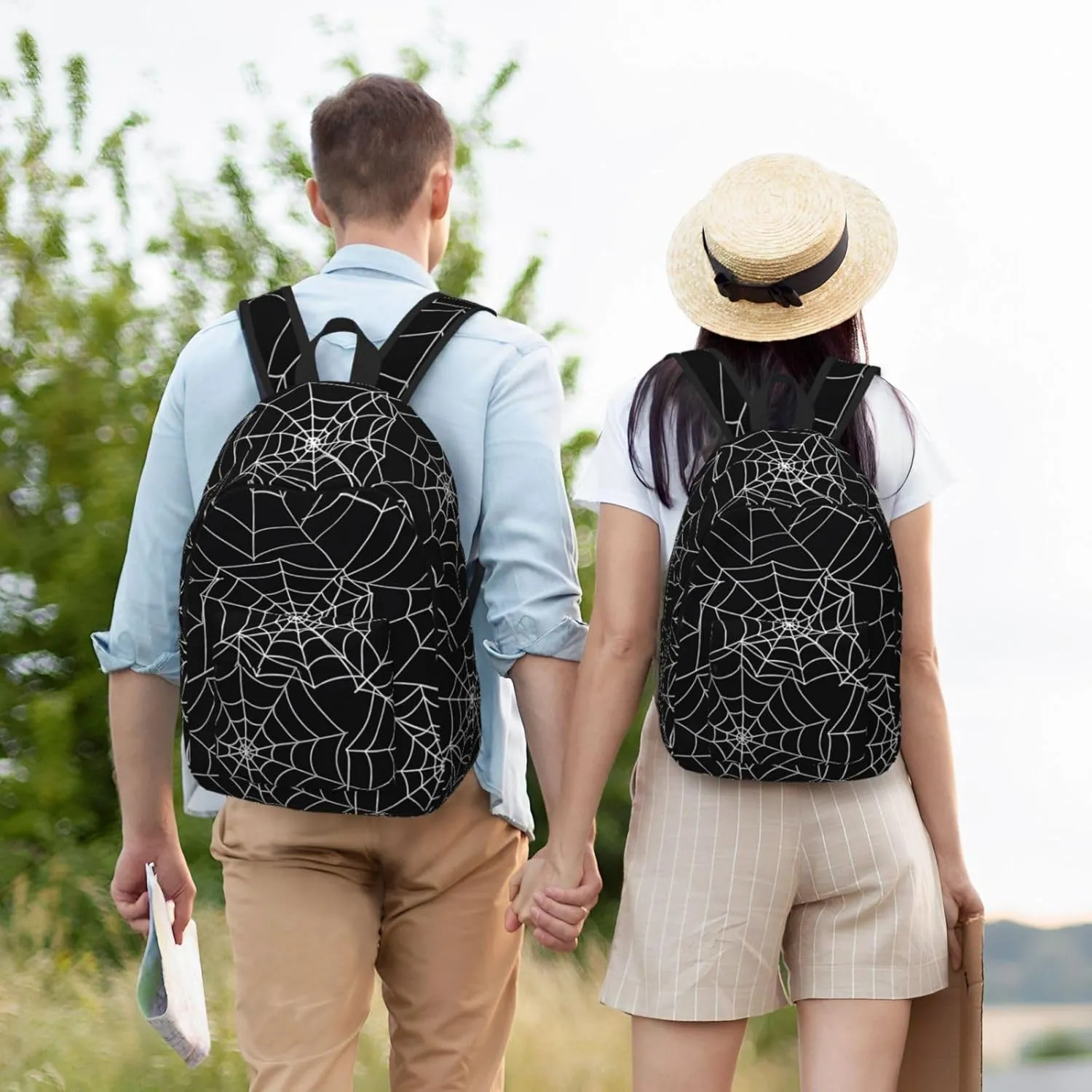 Happy Halloween Bats Witchs Spider Web Pumpkin Skull Bone Canvas Backpacks Laptop Backpack Multipurpose Double Shoulder Bag for Men Women Gifts Medium