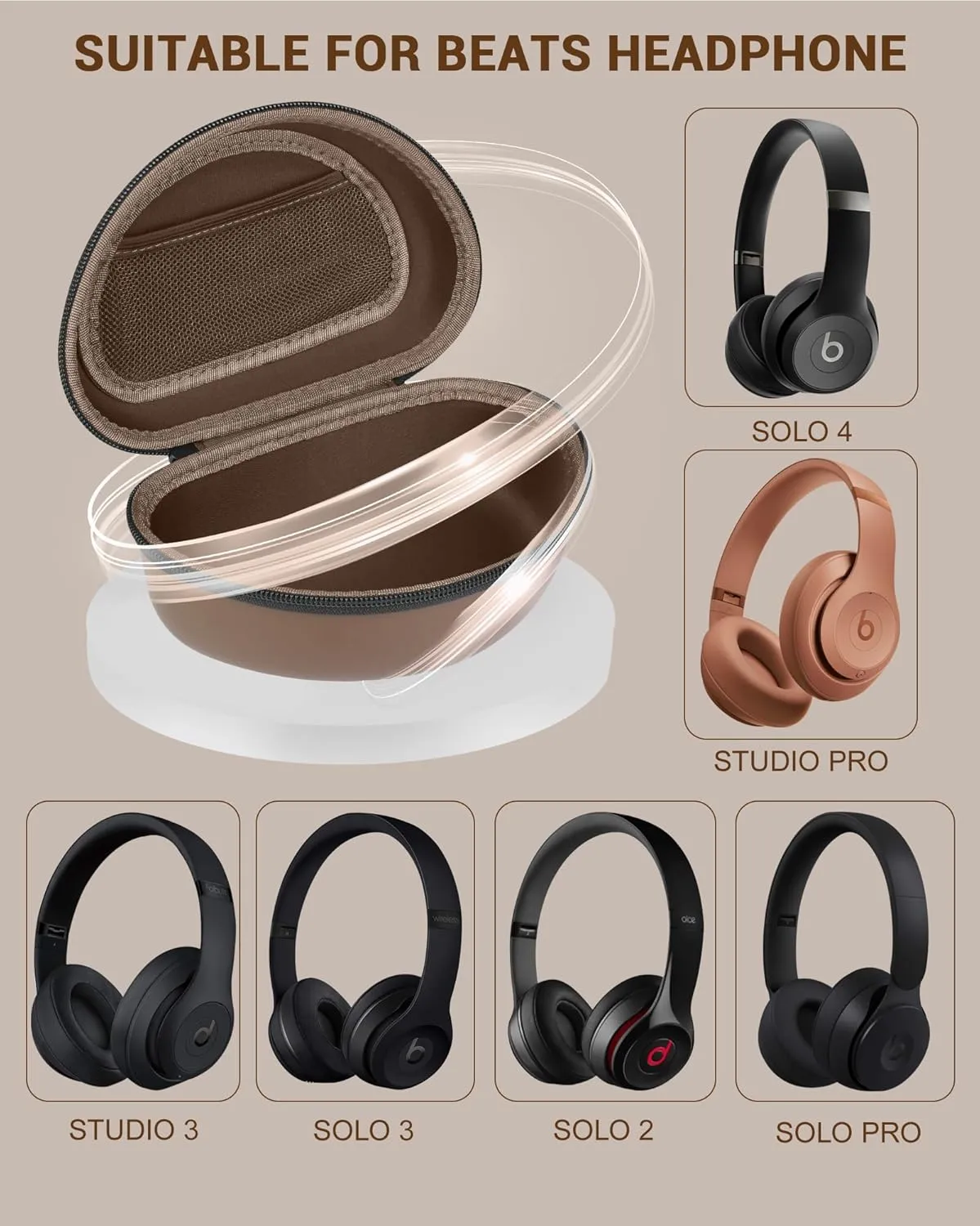 Hard Headphone Case for Beats Solo 4, Studio Pro, Solo 3, Studio 3, Solo 2,Over Ear Headphone Carrying Case with Storage Cable Bag Strap for Travel (Brown)