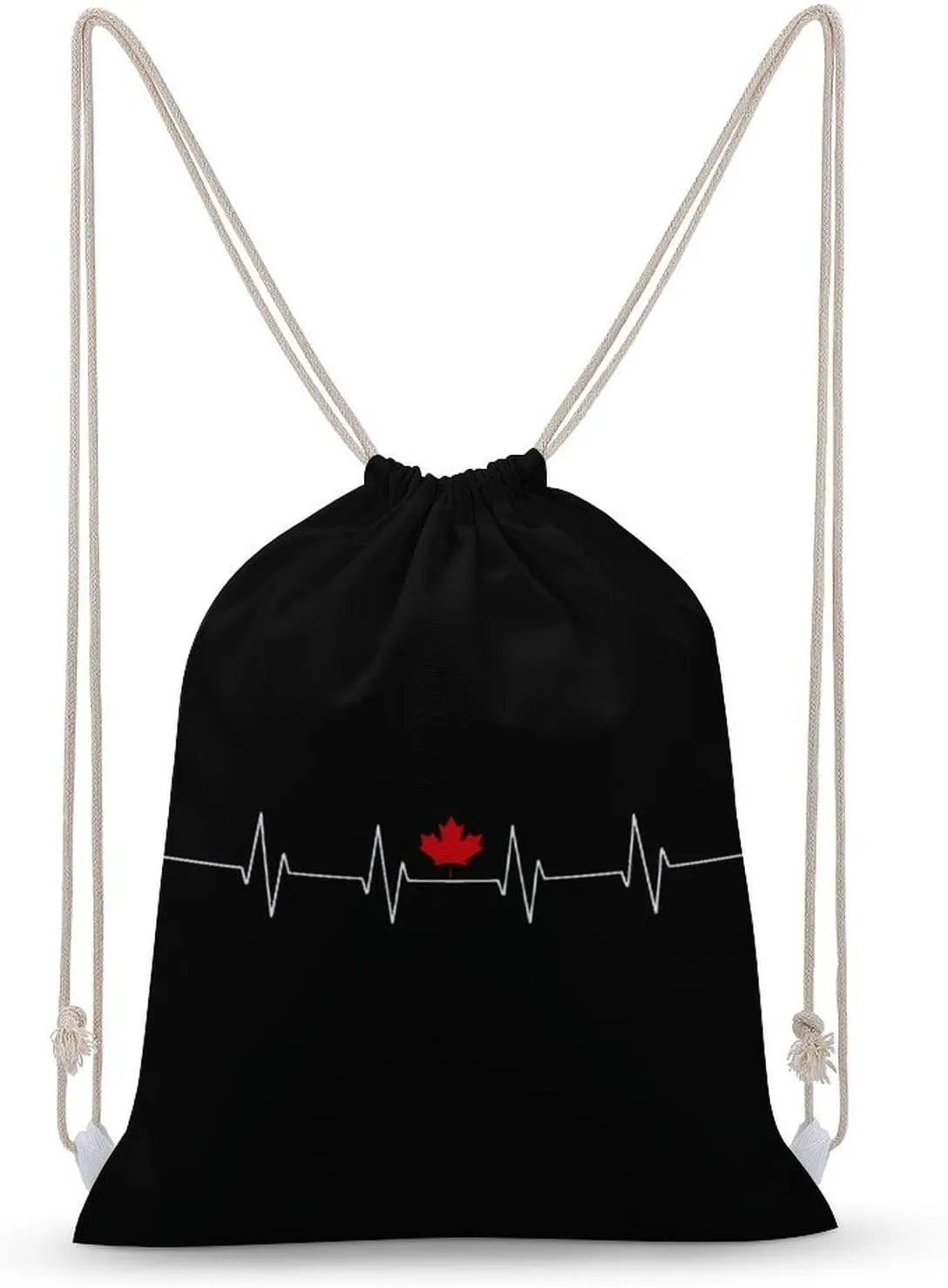 Heartbeat Maple Leaf Canada Flag Drawstring Backpack Canvas Double Shoulder Bag String Bag Sports Gym Bag for Men Women 35x50cm