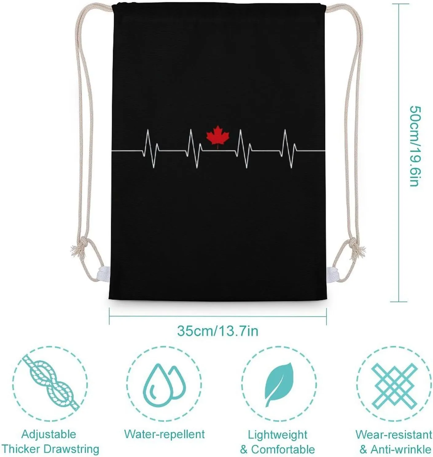 Heartbeat Maple Leaf Canada Flag Drawstring Backpack Canvas Double Shoulder Bag String Bag Sports Gym Bag for Men Women 35x50cm