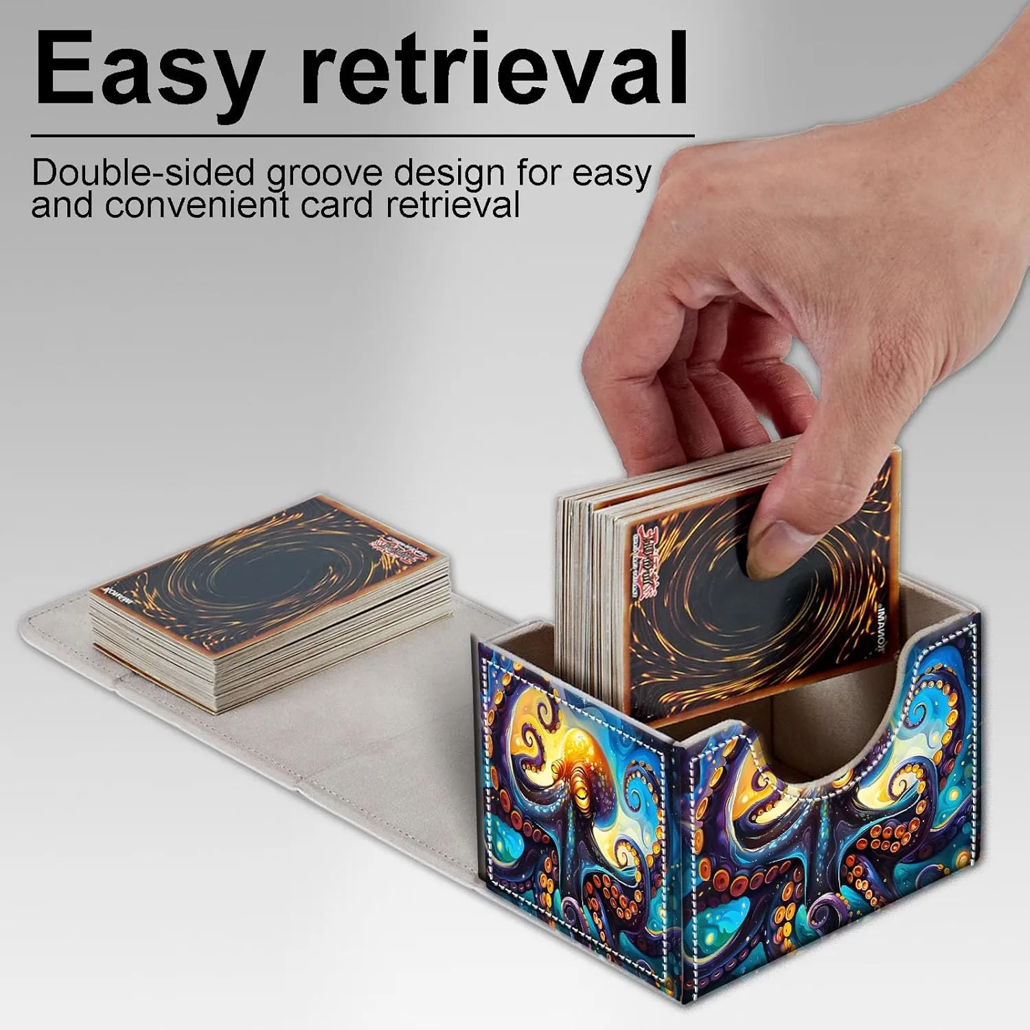 High-Capacity Art Deco Card Deck Box - Ideal Trading Card Game Storage Solution with Compact Size, and Easy Access - PU Leather Fits for TCG CCG Magic Cards(Cosmic Octopus)