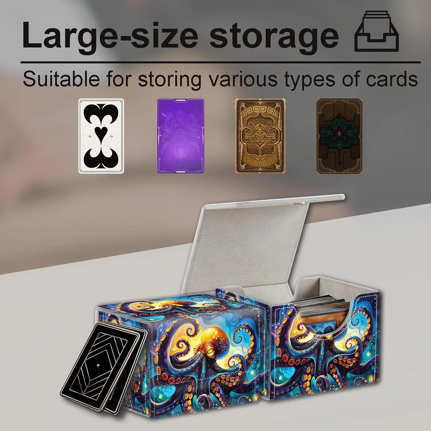 High-Capacity Art Deco Card Deck Box - Ideal Trading Card Game Storage Solution with Compact Size, and Easy Access - PU Leather Fits for TCG CCG Magic Cards(Cosmic Octopus)