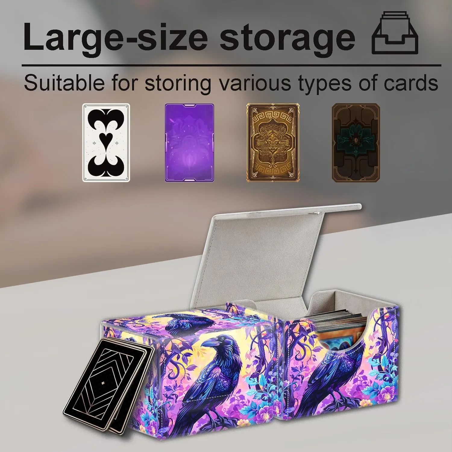 High-Capacity Art Deco Card Deck Box - Ideal Trading Card Game Storage Solution with Compact Size, and Easy Access - PU Leather Fits for TCG CCG Magic Cards(Raven On Tree)