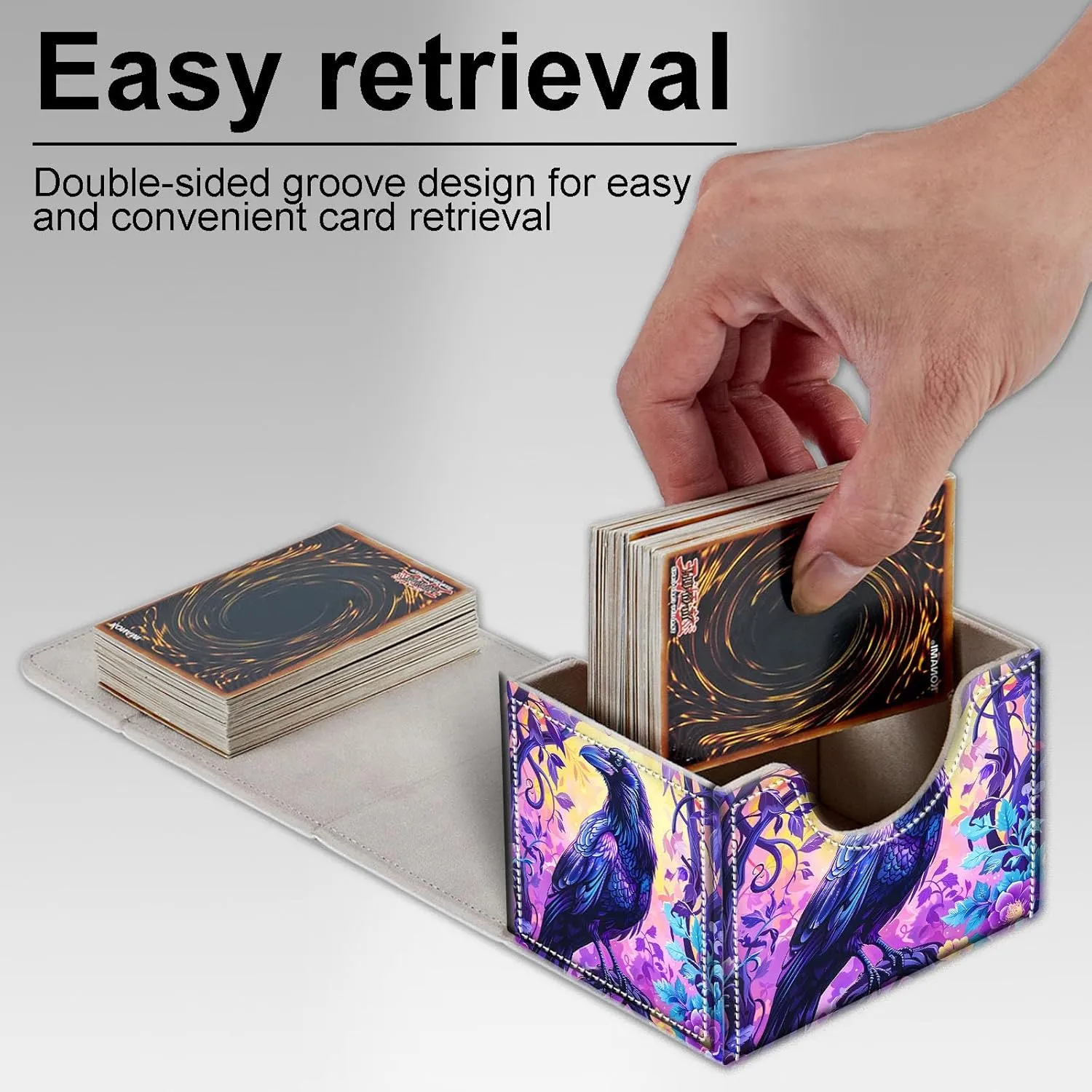 High-Capacity Art Deco Card Deck Box - Ideal Trading Card Game Storage Solution with Compact Size, and Easy Access - PU Leather Fits for TCG CCG Magic Cards(Raven On Tree)