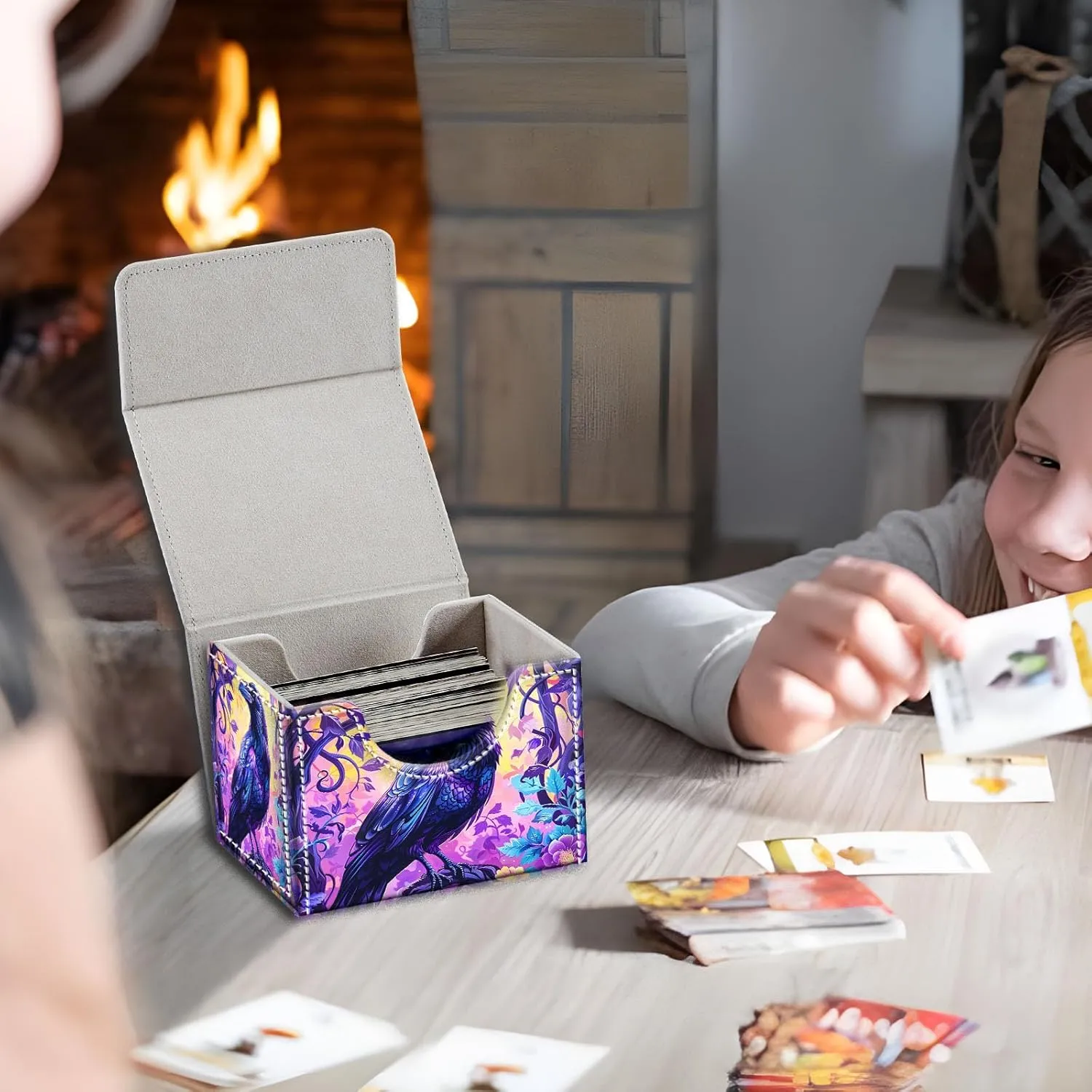 High-Capacity Art Deco Card Deck Box - Ideal Trading Card Game Storage Solution with Compact Size, and Easy Access - PU Leather Fits for TCG CCG Magic Cards(Raven On Tree)