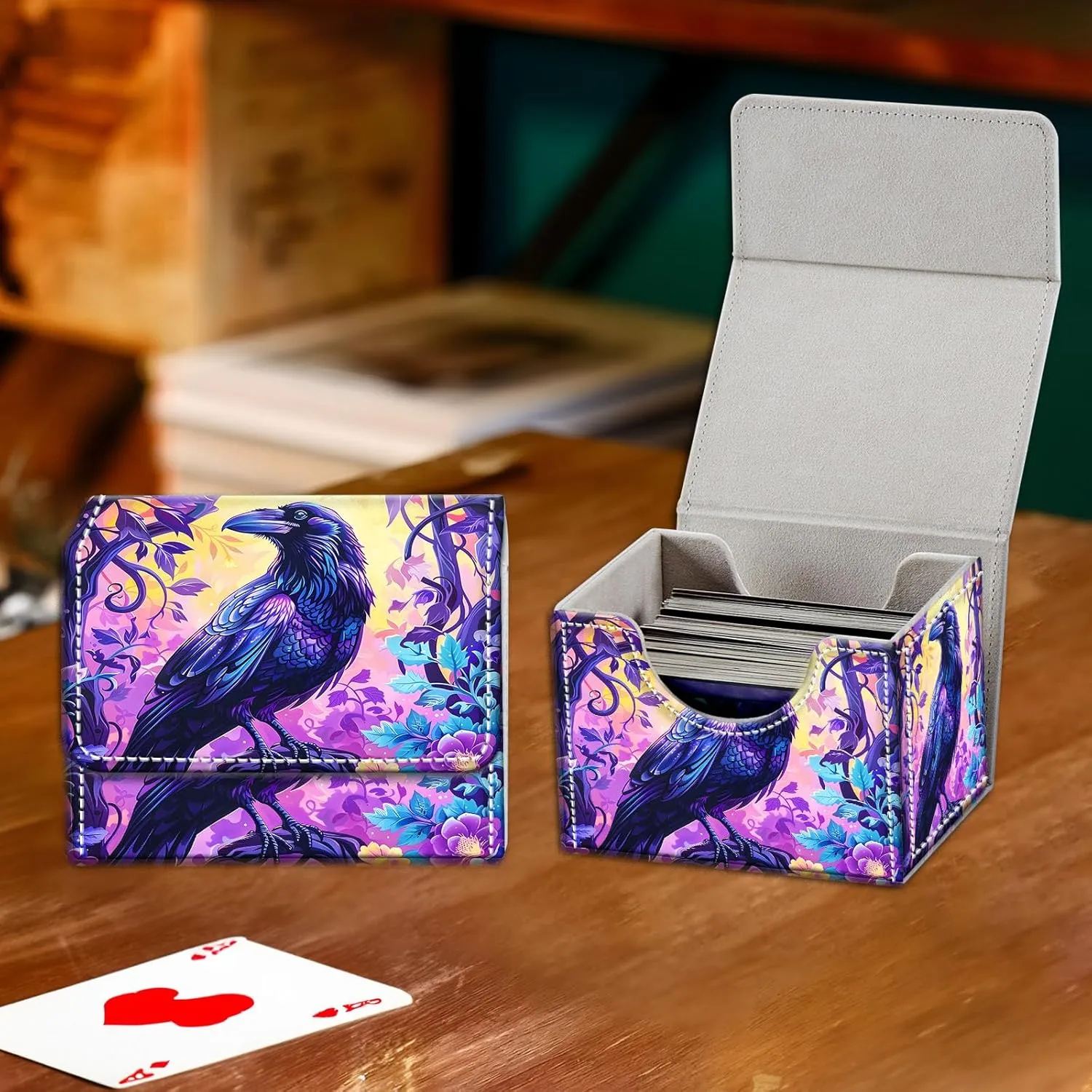 High-Capacity Art Deco Card Deck Box - Ideal Trading Card Game Storage Solution with Compact Size, and Easy Access - PU Leather Fits for TCG CCG Magic Cards(Raven On Tree)