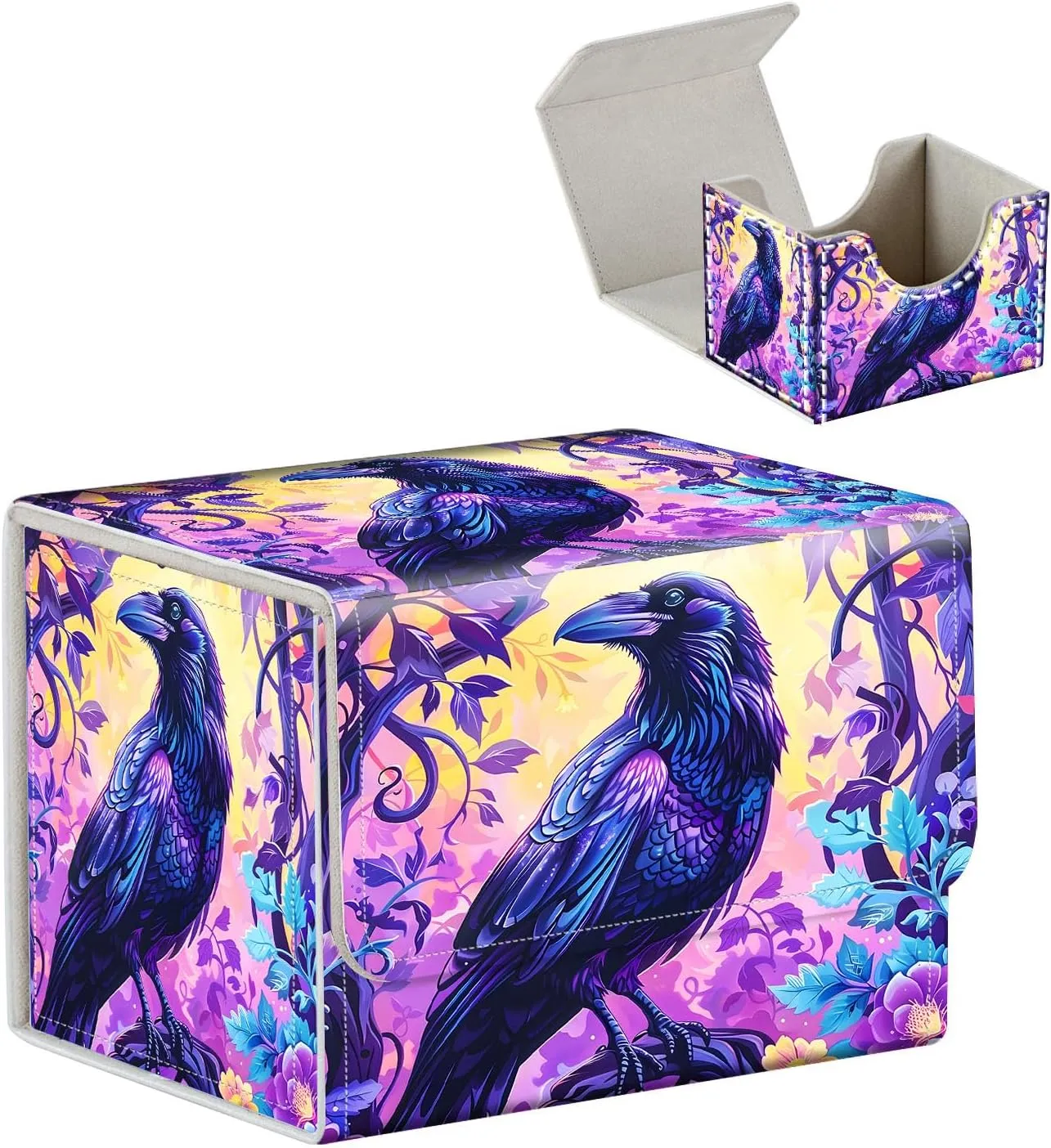 High-Capacity Art Deco Card Deck Box - Ideal Trading Card Game Storage Solution with Compact Size, and Easy Access - PU Leather Fits for TCG CCG Magic Cards(Raven On Tree)