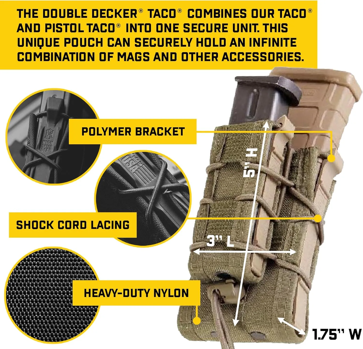 High Speed Gear Double Decker Taco Pouch | Double Stack Magazine Holster for Rifles and Pistols | MOLLE Compatible for Rapid Response
