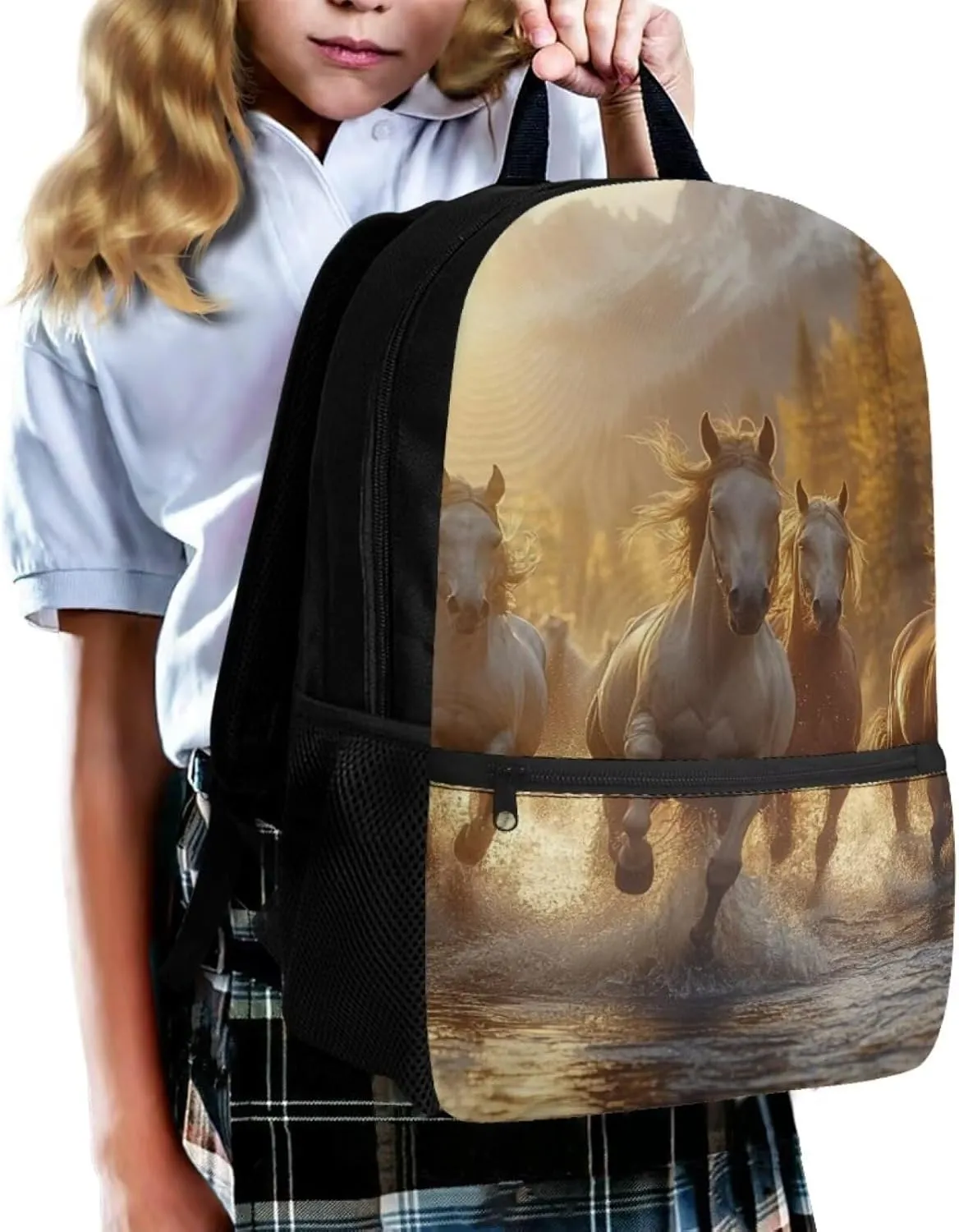 Horse School Backpack for Boys 9-10 School Bag Elementary 5th Grade 17 Inch Bookbags Girls Large Schoolbag Student Camping Backpacks Lightweight Travel Duffel Bag Rucksack