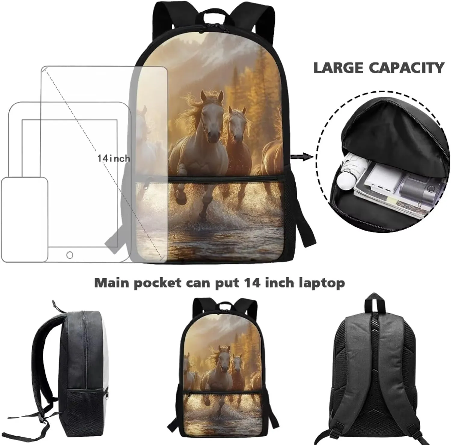 Horse School Backpack for Boys 9-10 School Bag Elementary 5th Grade 17 Inch Bookbags Girls Large Schoolbag Student Camping Backpacks Lightweight Travel Duffel Bag Rucksack