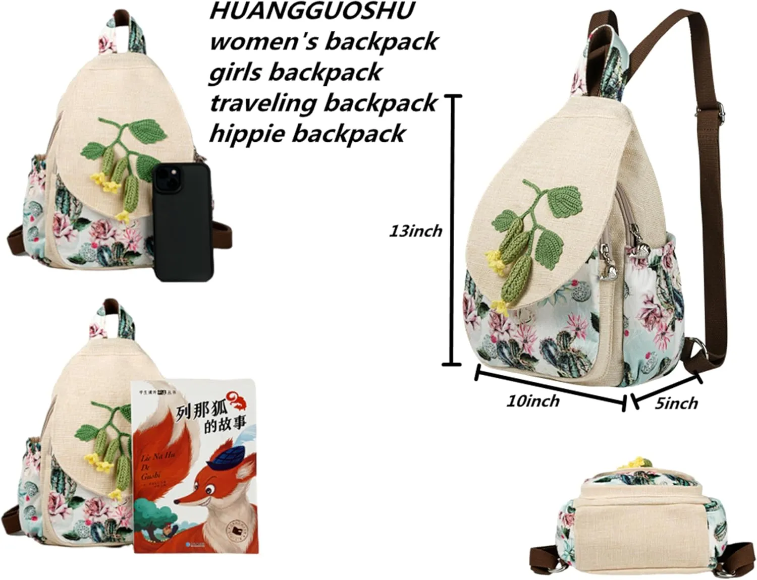 HUANGGUOSHU Bohemian Hand-Knit Backpack - Unique Artistry & Multi-Pocket Design for Girls, Moms & College Students - Ideal for Travel, School & Work-Cucumber Backpack