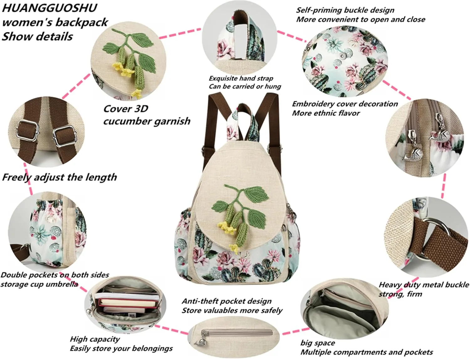 HUANGGUOSHU Bohemian Hand-Knit Backpack - Unique Artistry & Multi-Pocket Design for Girls, Moms & College Students - Ideal for Travel, School & Work-Cucumber Backpack