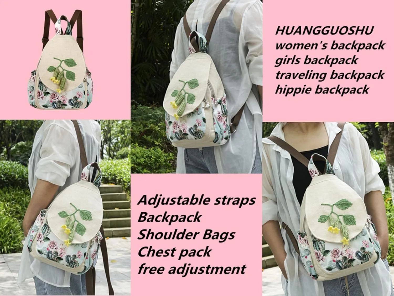 HUANGGUOSHU Bohemian Hand-Knit Backpack - Unique Artistry & Multi-Pocket Design for Girls, Moms & College Students - Ideal for Travel, School & Work-Cucumber Backpack