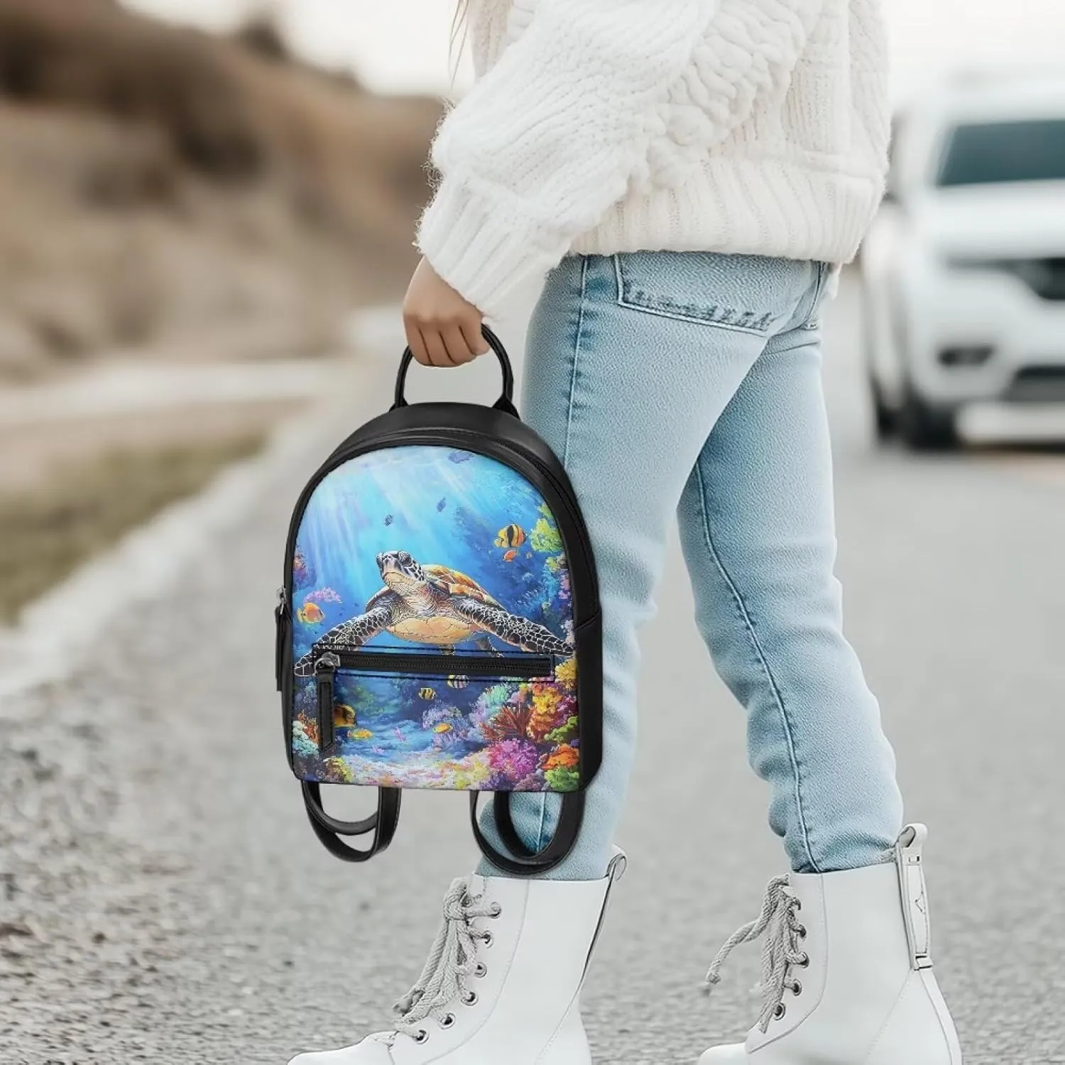 HUGS IDEA 3D Sea Turtle Mini Backpack for Women Fashion Leather Backpack with Adjustable Strap Lightweight Daypack for Travel/Shopping/Hiking Waterproof Shoulder Backpacks
