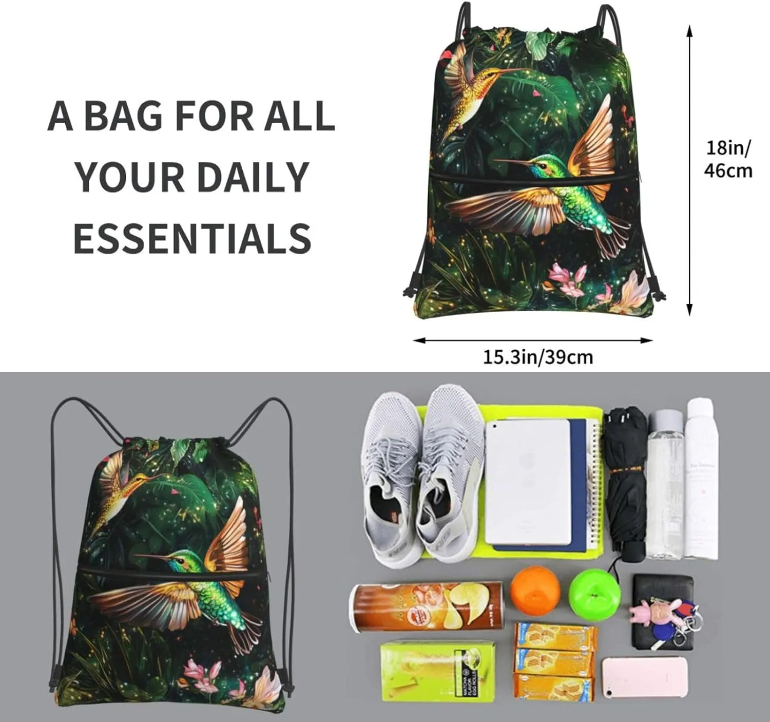 Hummingbird Drawstring Backpack Unisex Gym Bags Sport String Bag for Hiking Yoga Travel Swimming Beach 15 X 18 Inch