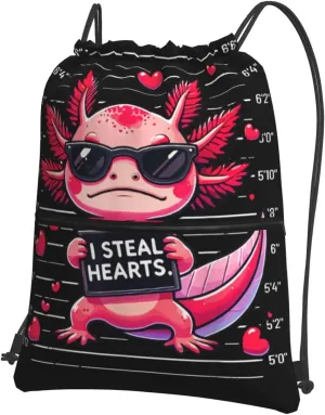I Steal Hearts Axolotls Drawstring Backpack Unisex Gym Bags Sport String Bag for Hiking Yoga Travel Swimming Beach 15 x 18 In