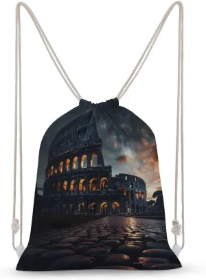 Italy Ancient Roman Landmarks Night Drawstring Backpack Gym Sackpack Draw String Sport Bag Workout Bag for Men Women 35x50cm