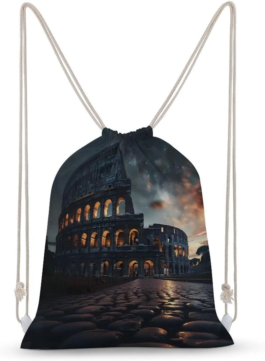 Italy Ancient Roman Landmarks Night Drawstring Backpack Gym Sackpack Draw String Sport Bag Workout Bag for Men Women 35x50cm