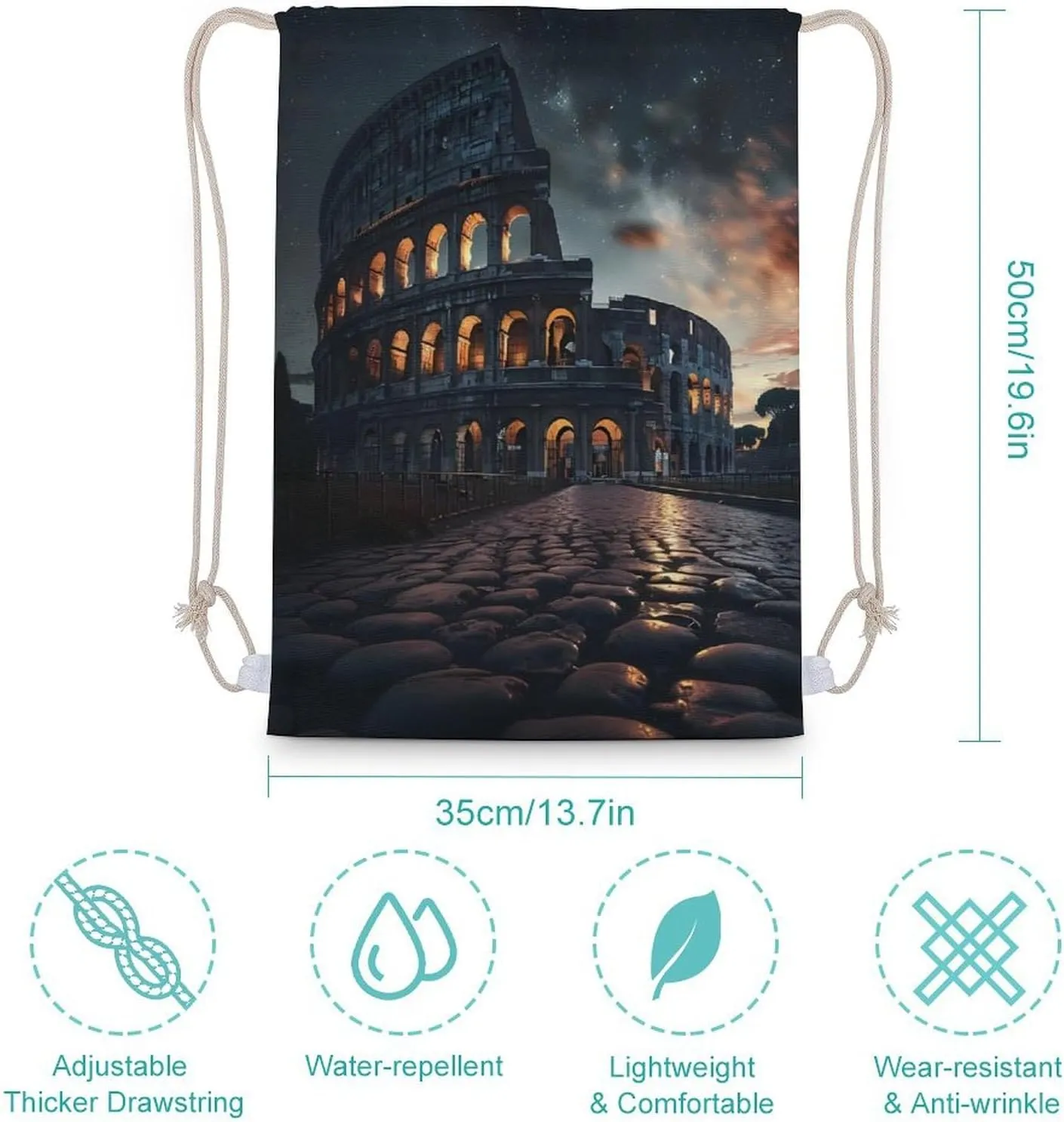Italy Ancient Roman Landmarks Night Drawstring Backpack Gym Sackpack Draw String Sport Bag Workout Bag for Men Women 35x50cm