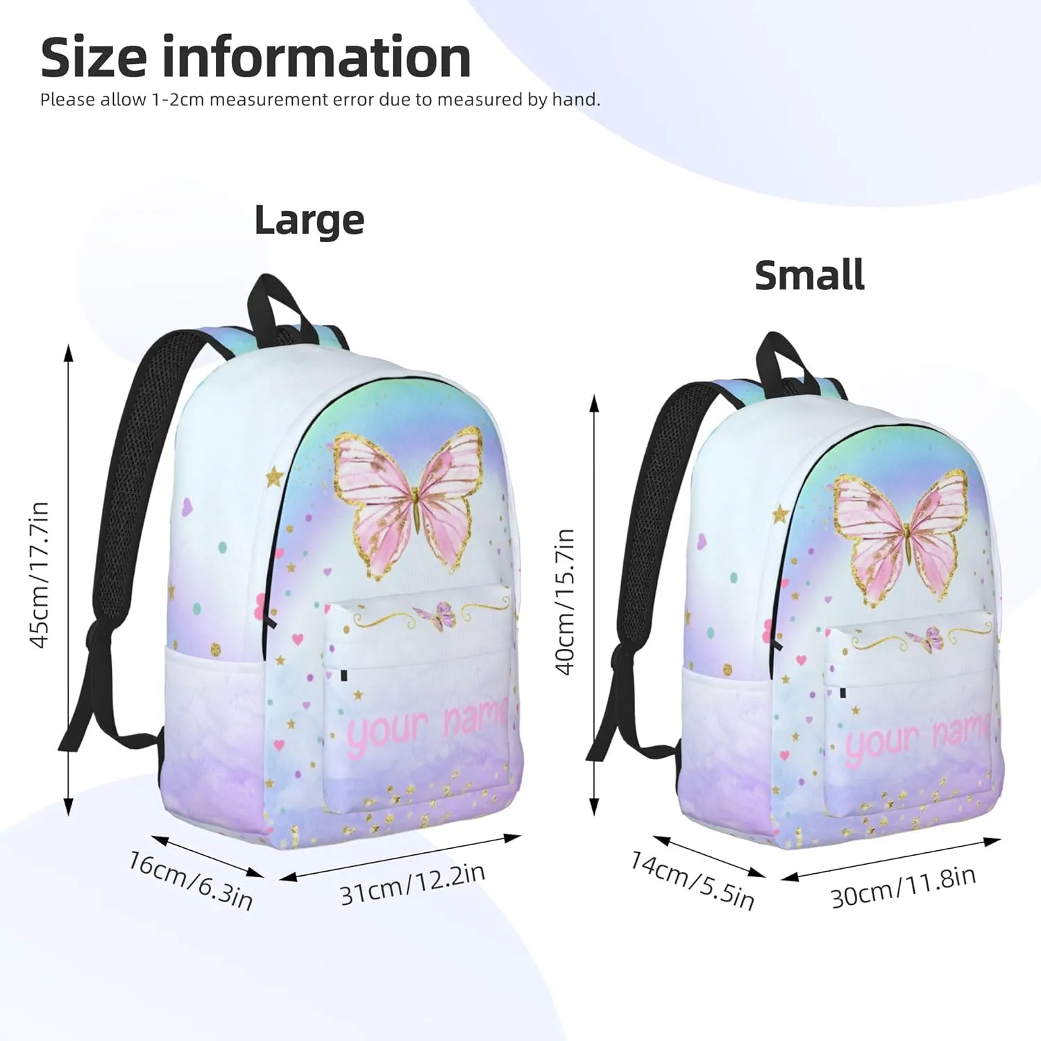 J&SBGFT Personalized Backpack for Girls,Custom Backpacks with Name,Customized Butterfly School Bag for Girl,Kids Book Bags for Student Back to School Travel Picnic 15in