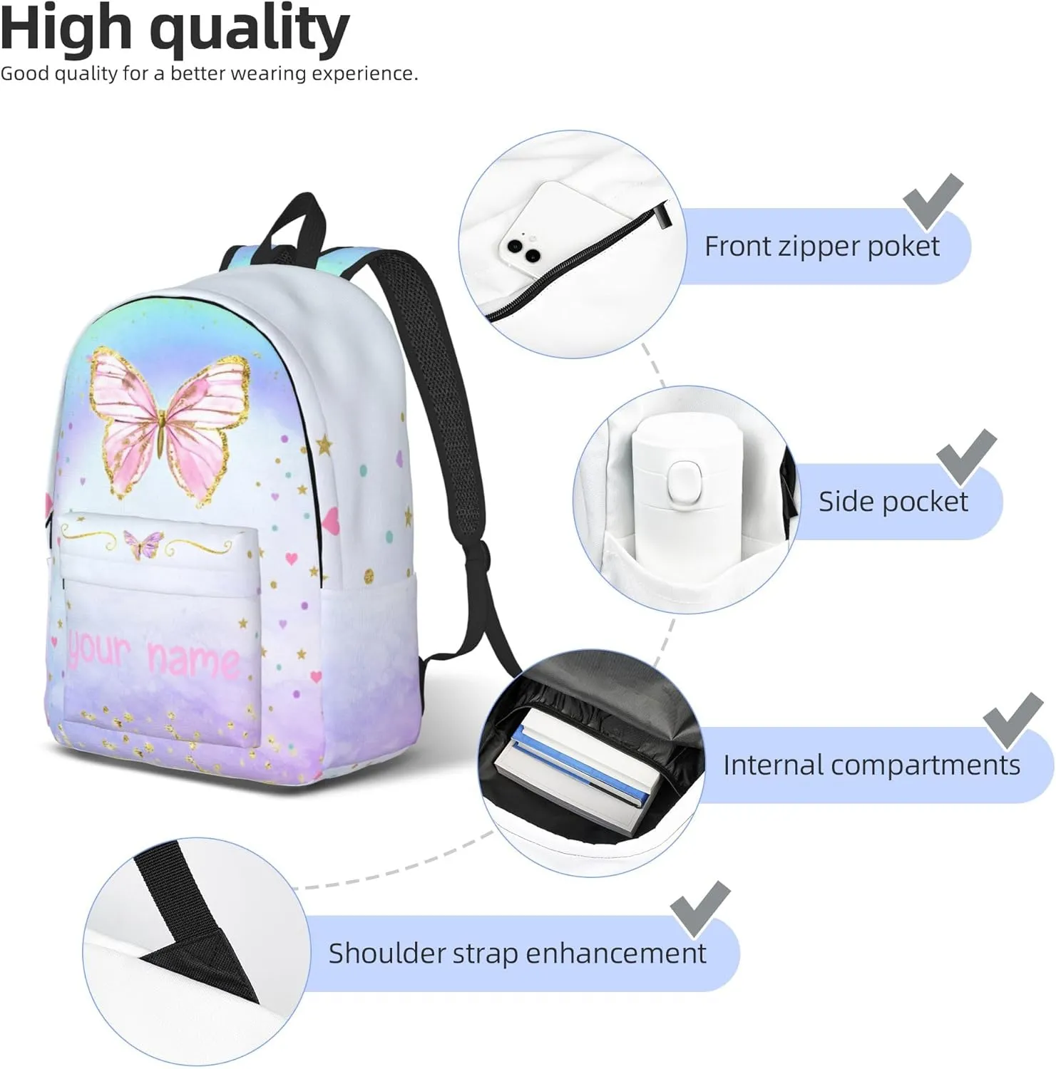 J&SBGFT Personalized Backpack for Girls,Custom Backpacks with Name,Customized Butterfly School Bag for Girl,Kids Book Bags for Student Back to School Travel Picnic 15in
