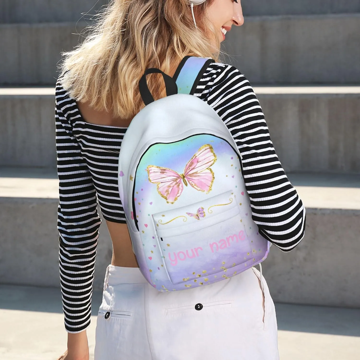 J&SBGFT Personalized Backpack for Girls,Custom Backpacks with Name,Customized Butterfly School Bag for Girl,Kids Book Bags for Student Back to School Travel Picnic 15in