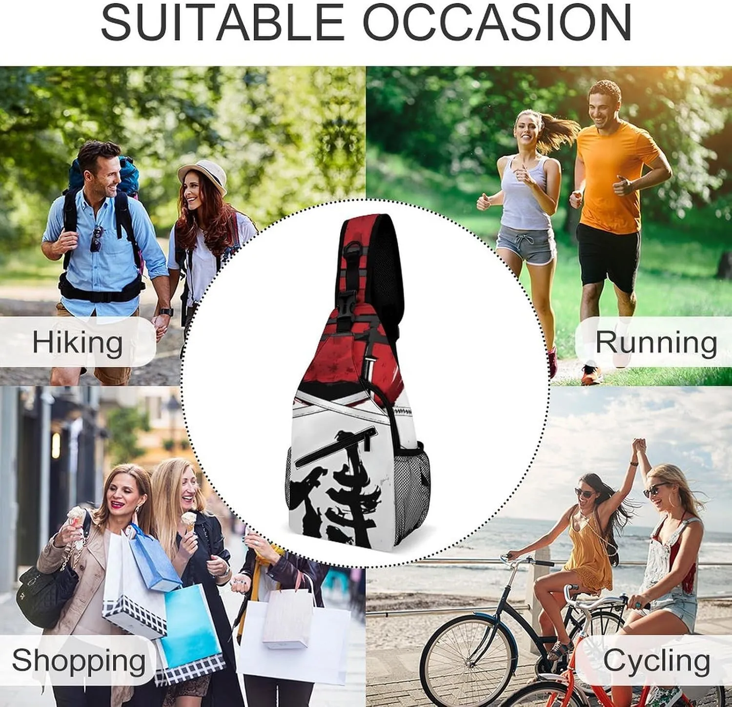 Japanese Samurai Graphic Sling Backpack Man Womans Crossbody Backpack Chest Bag Cycling Daypack Shoulder Bag Small Cross Body Bags Outdoor Backpacks