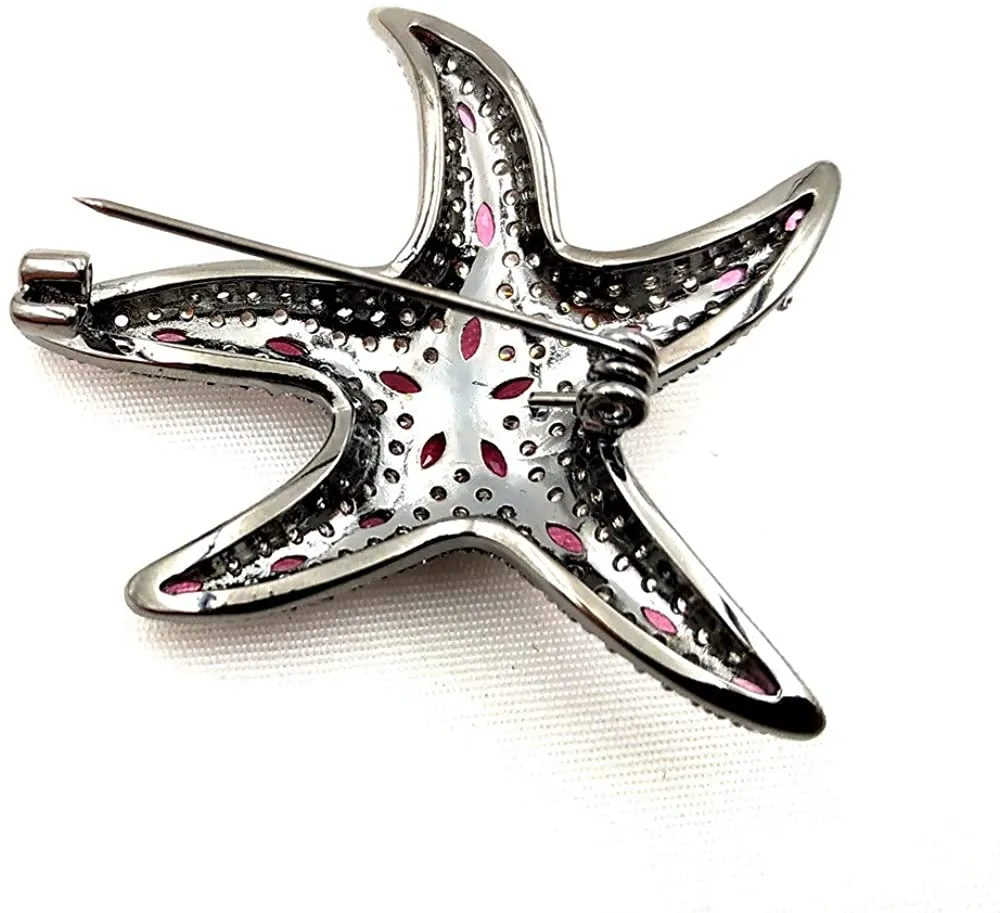 Jewelblings Gothic Fashion Pink Stones & Black Starfish Brooch Sea Star Pin Chic Beach Jewelry