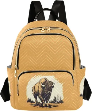 JIPONI Bison Bull Small Backpack for Women, Travel Purse Back Pack, Casual Daypack, Lightweight Bag-S