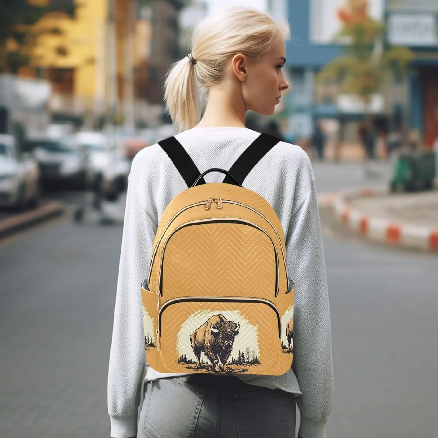 JIPONI Bison Bull Small Backpack for Women, Travel Purse Back Pack, Casual Daypack, Lightweight Bag-S