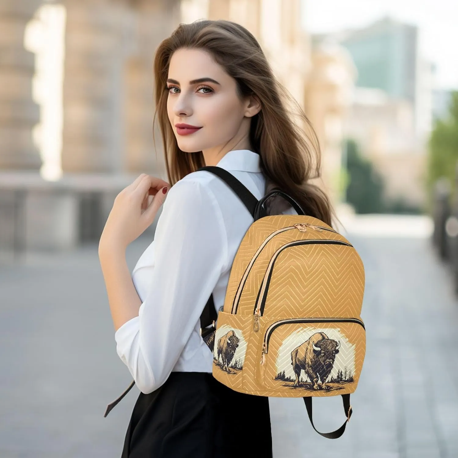 JIPONI Bison Bull Small Backpack for Women, Travel Purse Back Pack, Casual Daypack, Lightweight Bag-S