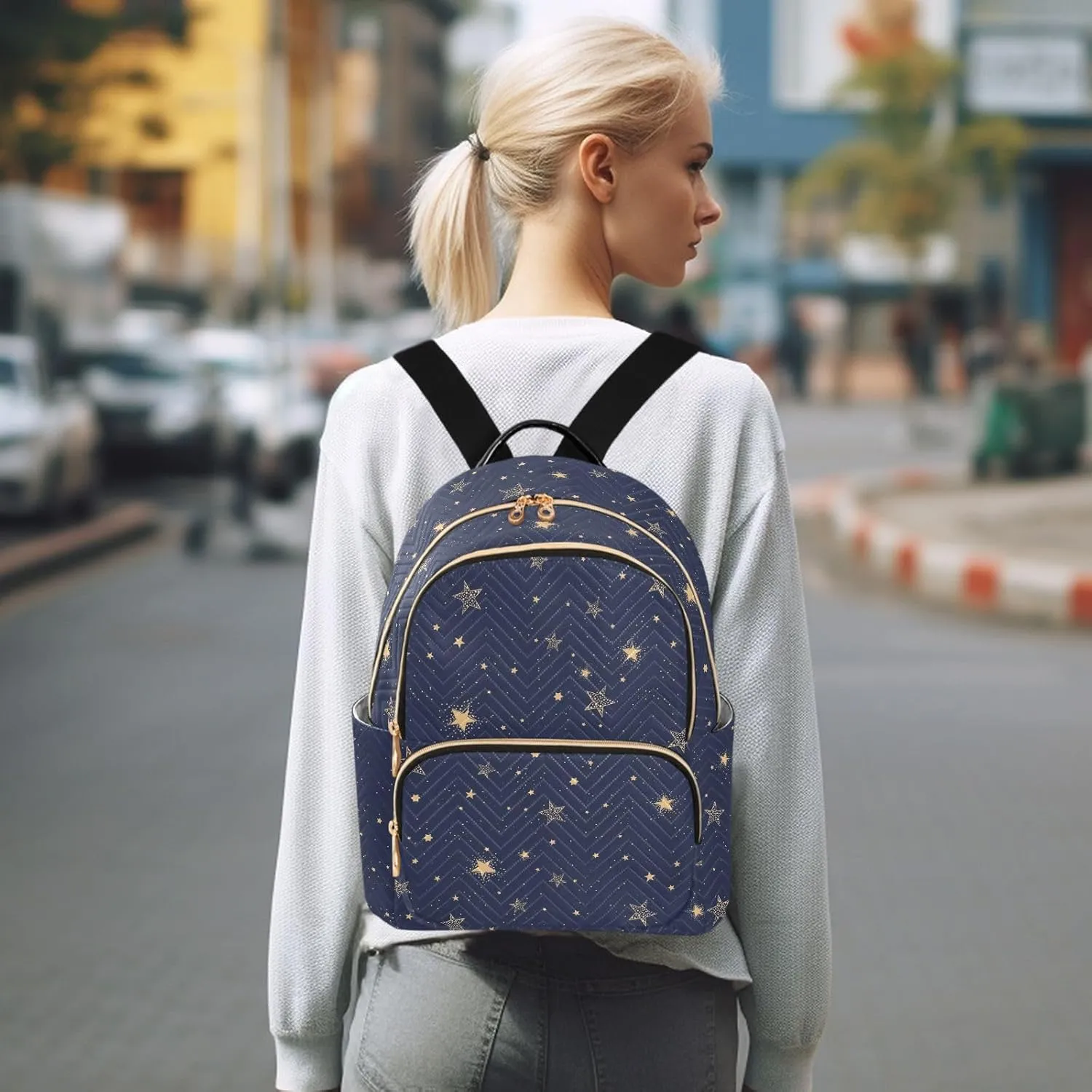 JIPONI Cute Golden Stars Backpack Purse for Women Lightweight Back Pack Casual Daypack Travel Shoulder Bag Bookbag - S