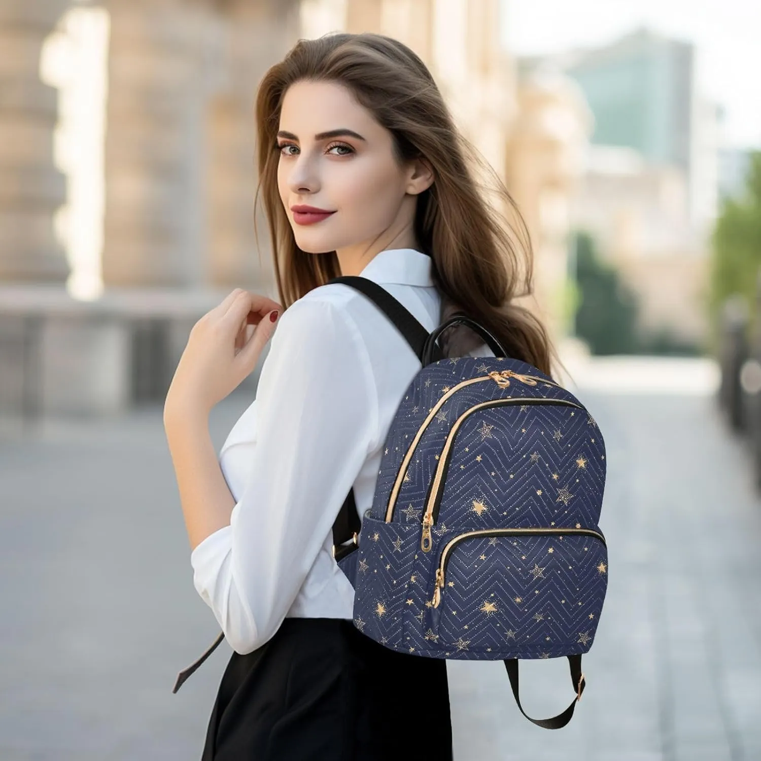 JIPONI Cute Golden Stars Backpack Purse for Women Lightweight Back Pack Casual Daypack Travel Shoulder Bag Bookbag - S