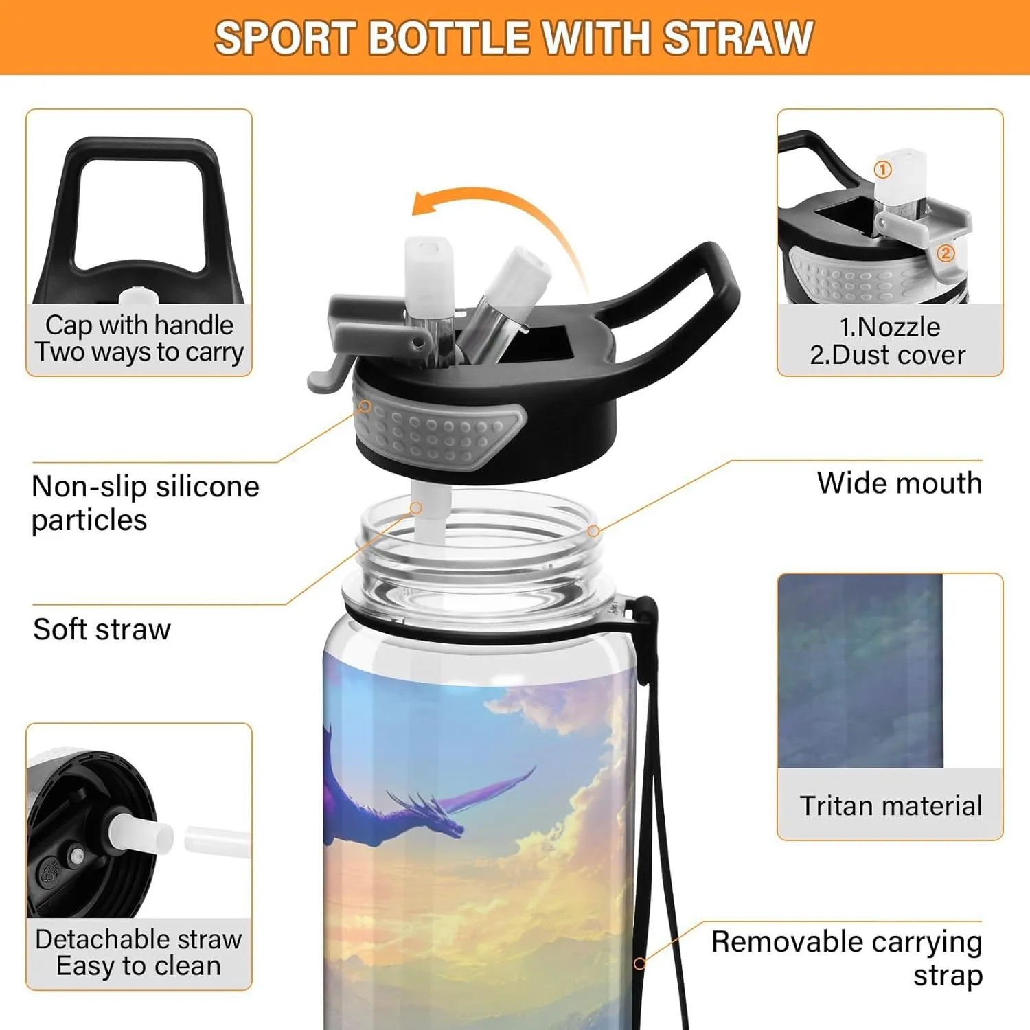 Joisal Dragon Valley Purple Sports Water Bottle 32oz BPA-Free Reusable Water Bottles for Sports, Cycling, Bike