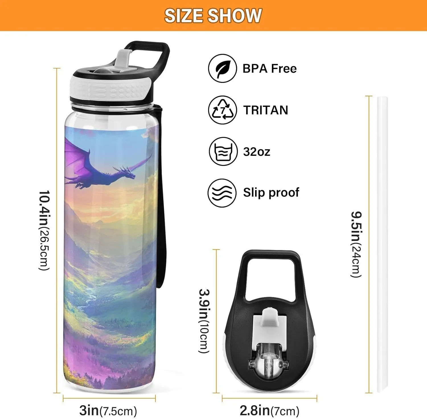 Joisal Dragon Valley Purple Sports Water Bottle 32oz BPA-Free Reusable Water Bottles for Sports, Cycling, Bike