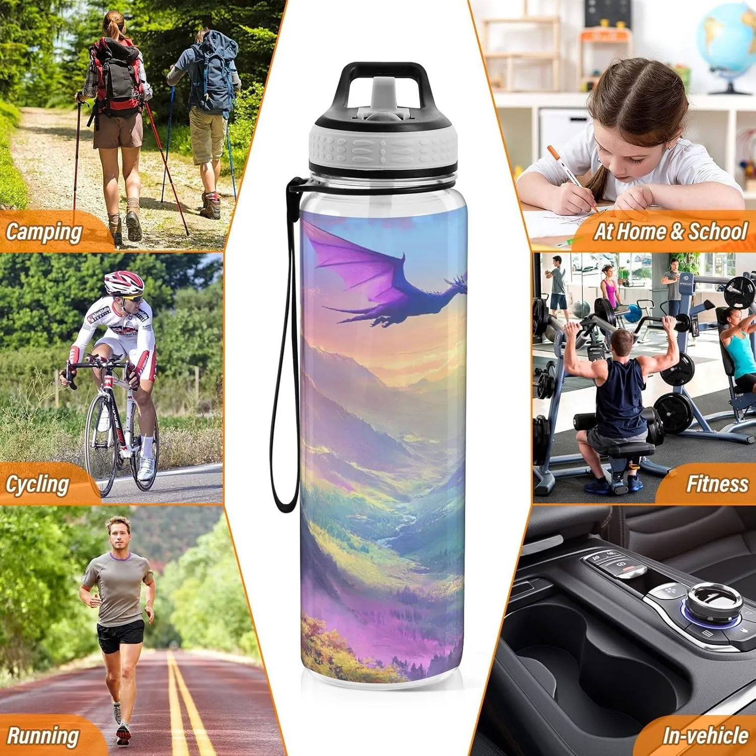 Joisal Dragon Valley Purple Sports Water Bottle 32oz BPA-Free Reusable Water Bottles for Sports, Cycling, Bike
