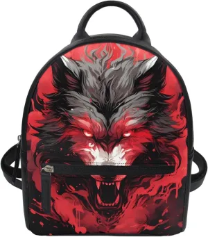 JooMeryer Galaxy Wolf Mini Backpacks for Teen Kids Boys pu Leather Casual Daypack Shoulder Bags for College Students,Red Anger Wolf
