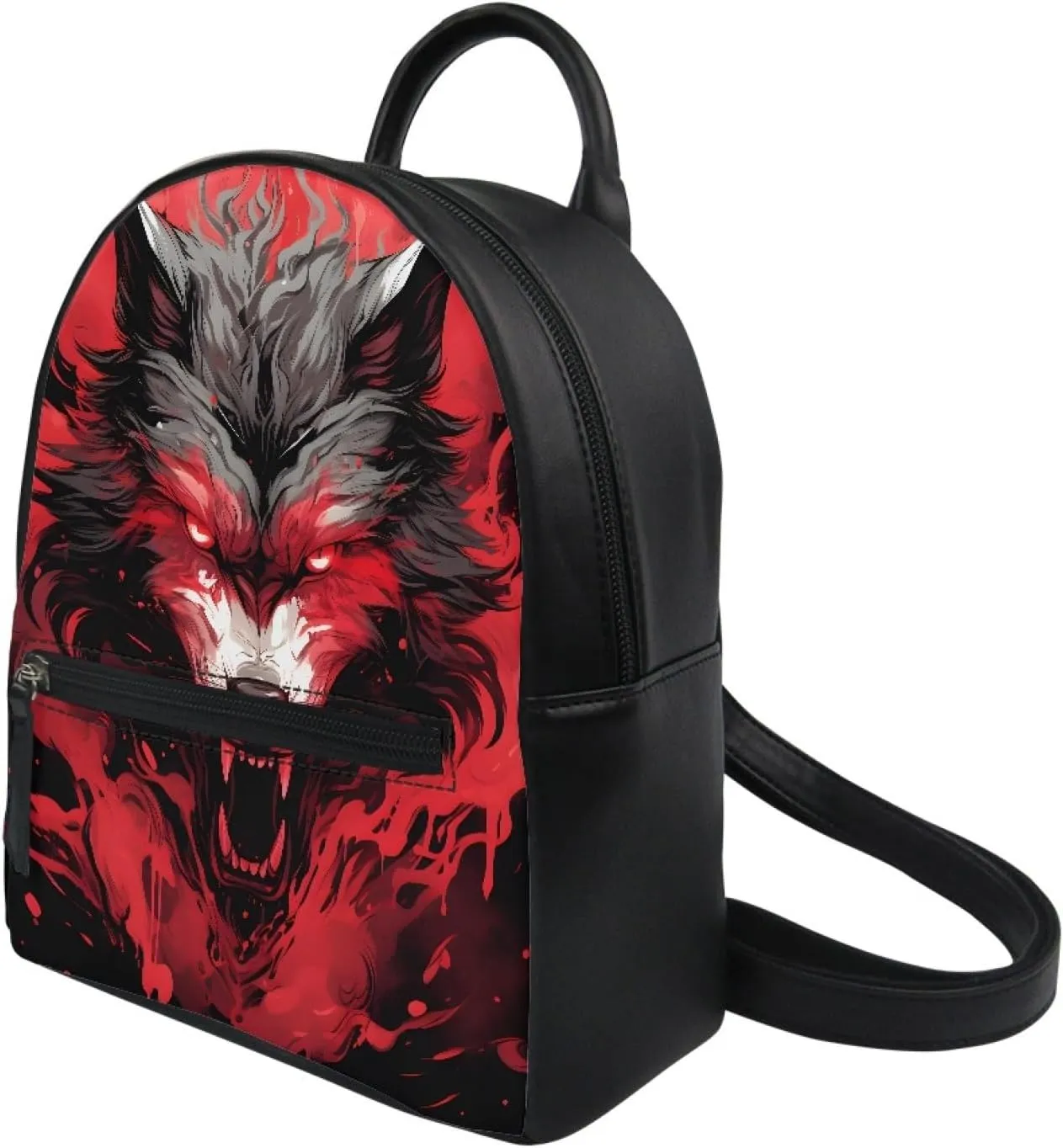 JooMeryer Galaxy Wolf Mini Backpacks for Teen Kids Boys pu Leather Casual Daypack Shoulder Bags for College Students,Red Anger Wolf