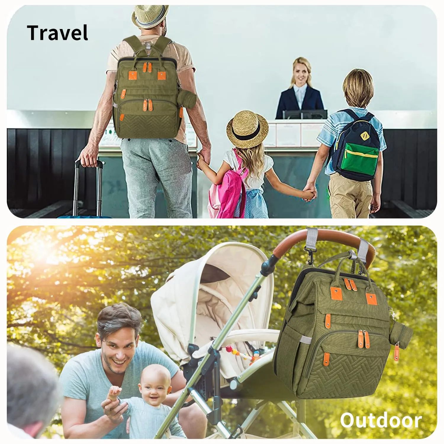 KABAQOO Diaper Bag Backpack, Large Baby Diaper Bags for Boys Girls, Baby Bag with USB Charging Port, Multifunction Waterproof Travel Back Pack for Moms Dads, Army Green