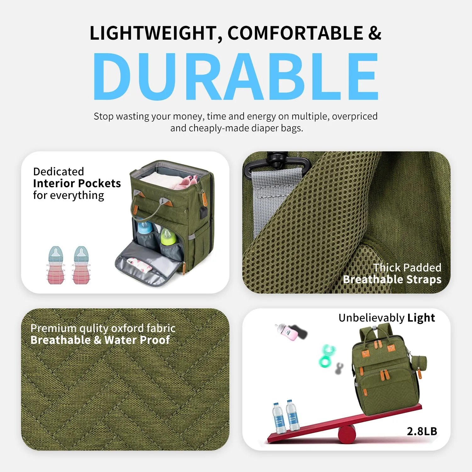 KABAQOO Diaper Bag Backpack, Large Baby Diaper Bags for Boys Girls, Baby Bag with USB Charging Port, Multifunction Waterproof Travel Back Pack for Moms Dads, Army Green